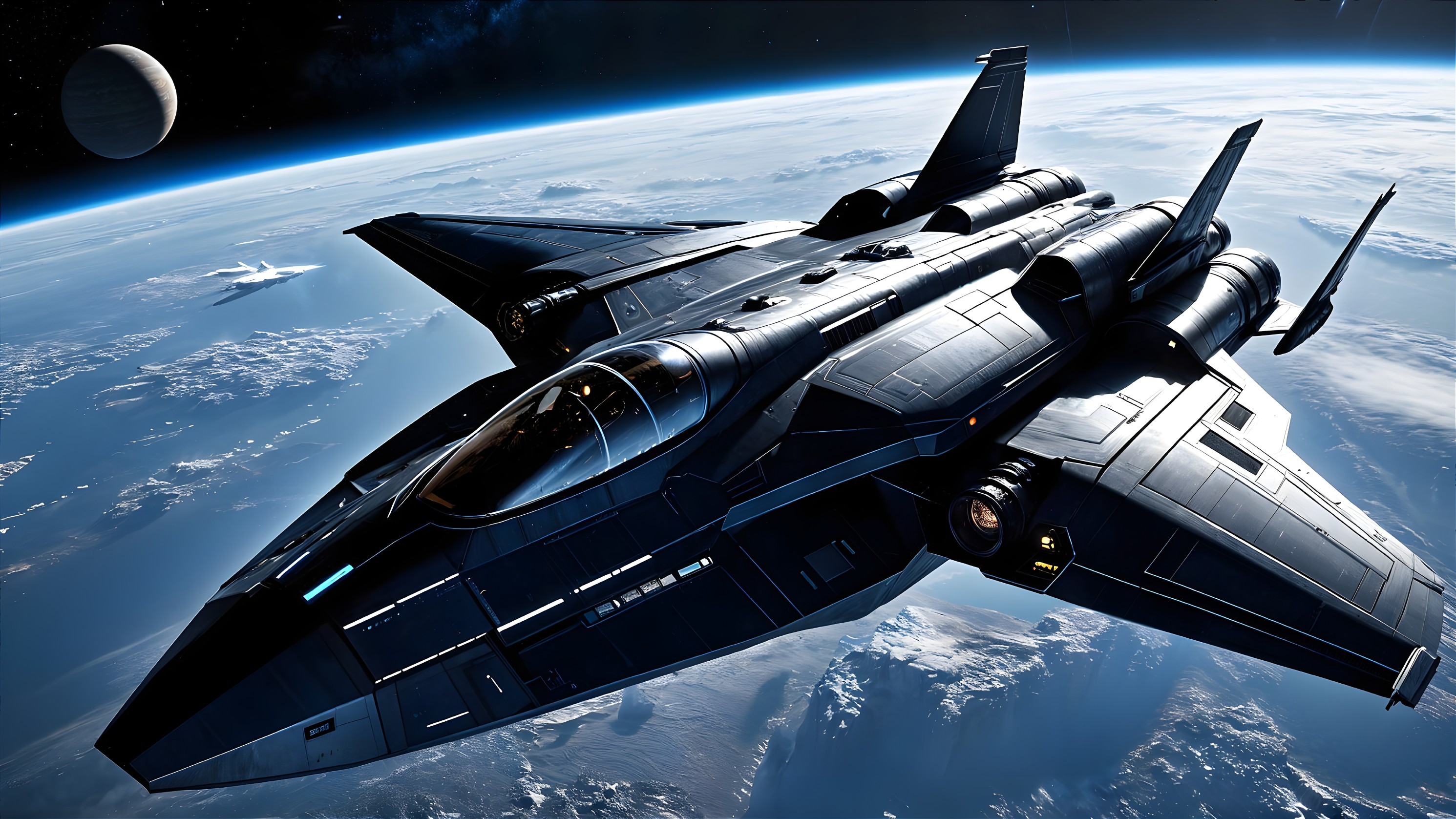 Futuristic spaceship in Earth's atmosphere with cosmic backdrop