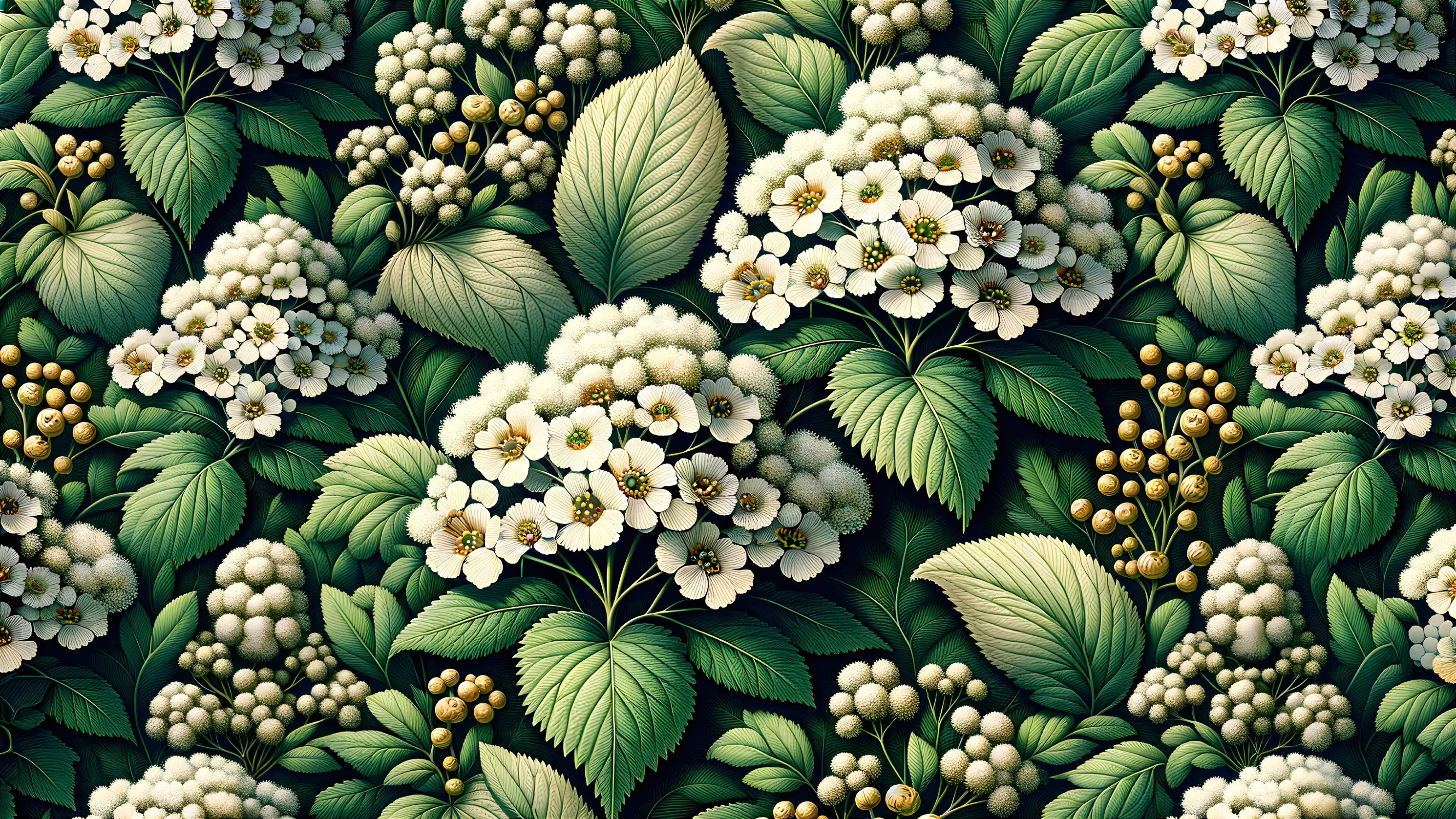 Lush Floral Pattern with White Flowers and Green Leaves