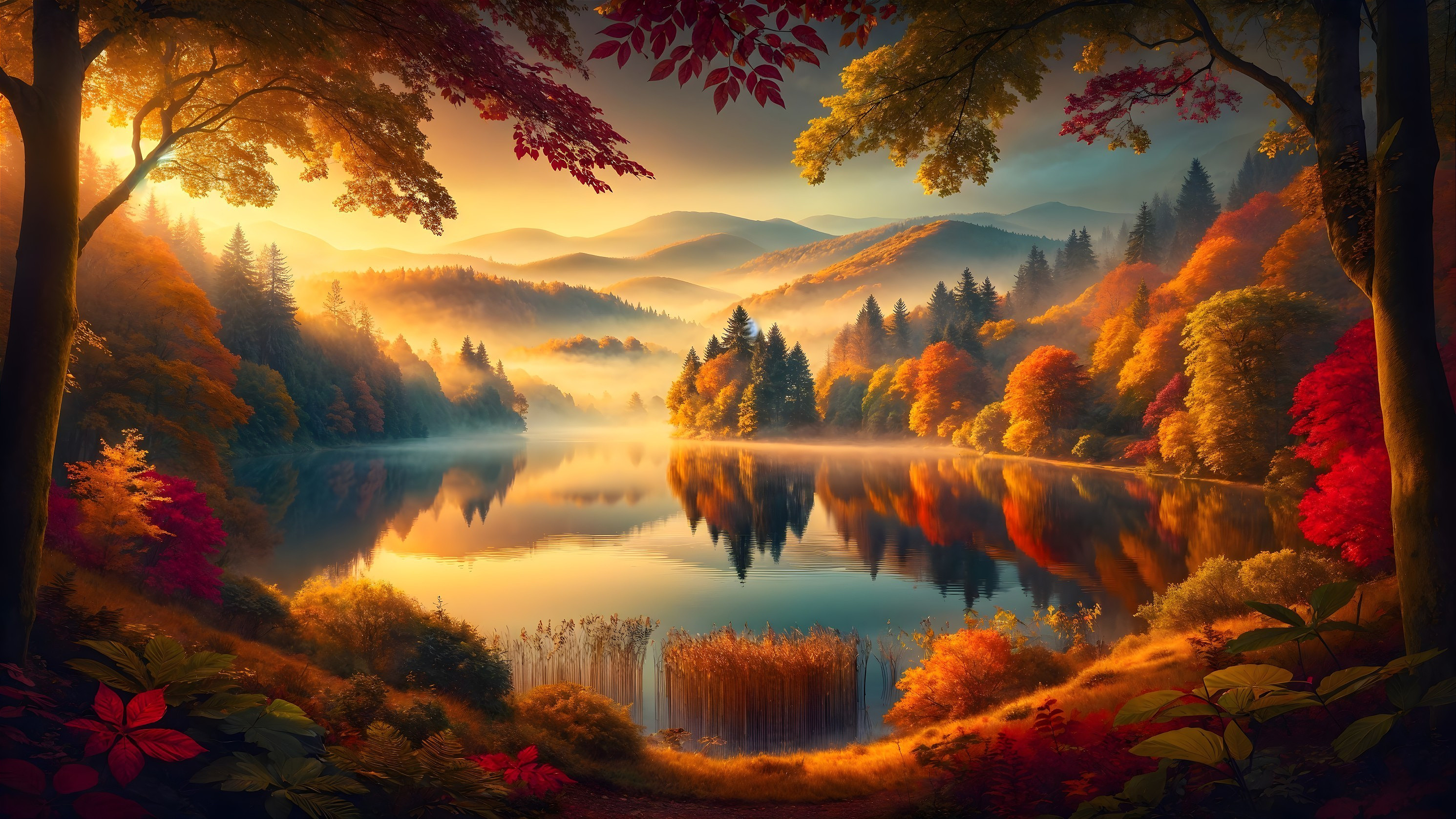 Autumn Lake Landscape with Vibrant Foliage and Mist