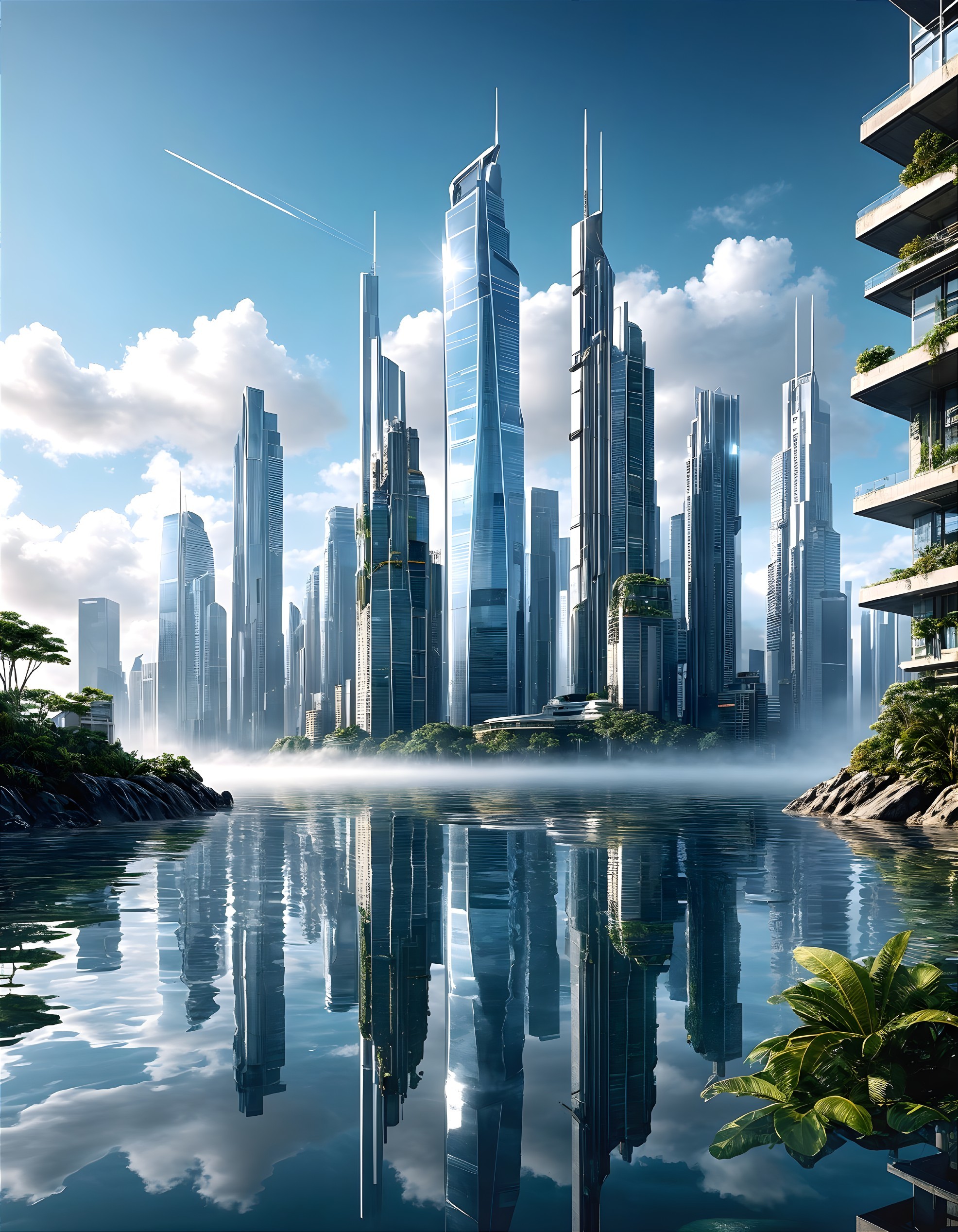 Futuristic cityscape with skyscrapers and blue sky