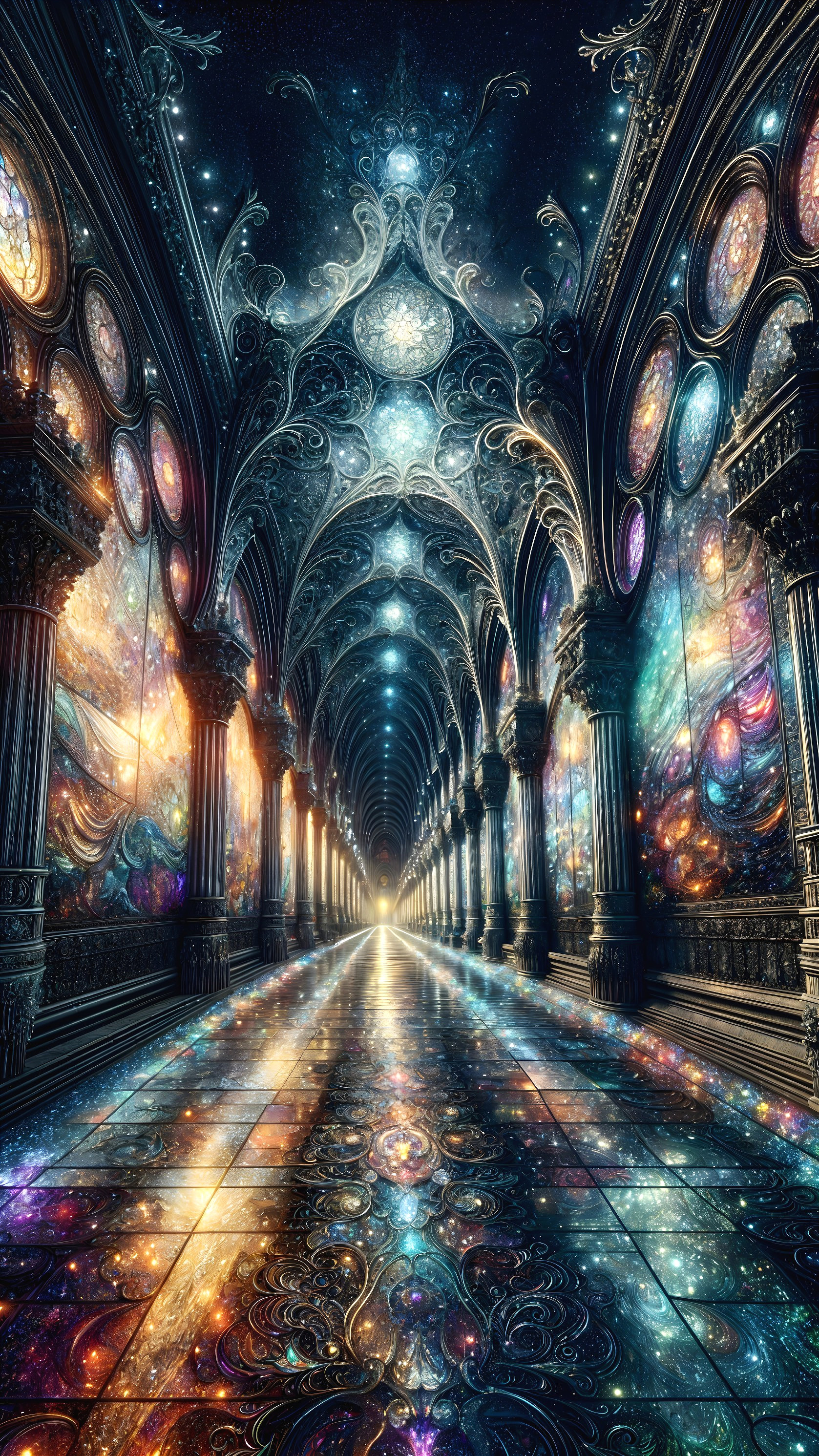 Cosmic Corridor with Ornate Columns and Nebulae