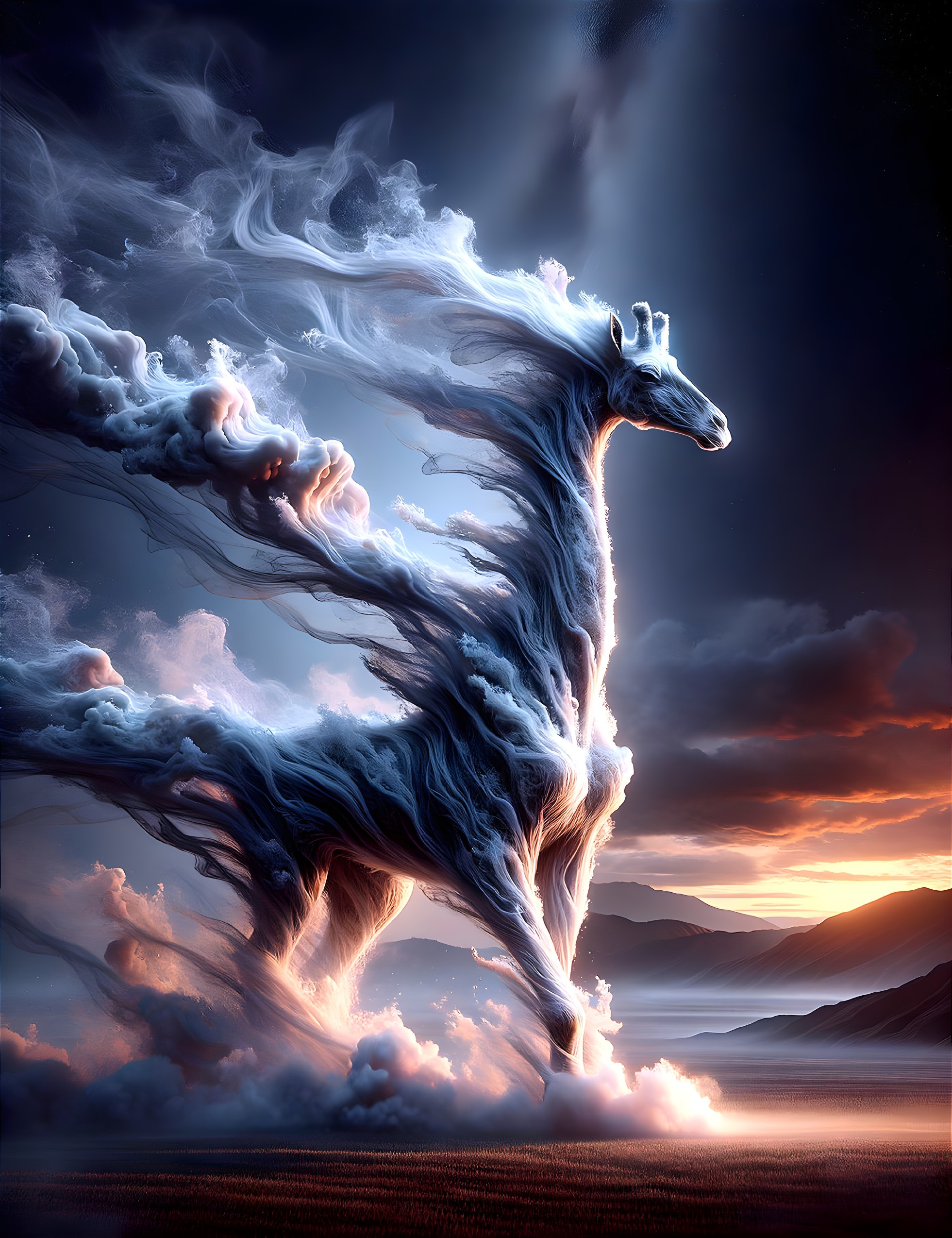 Majestic Horse Figure in Ethereal Cloudscape at Sunset