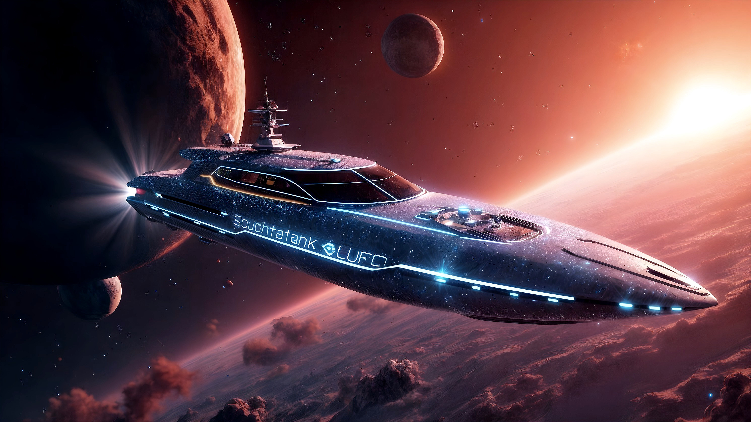 Futuristic spacecraft in vibrant cosmic scenery