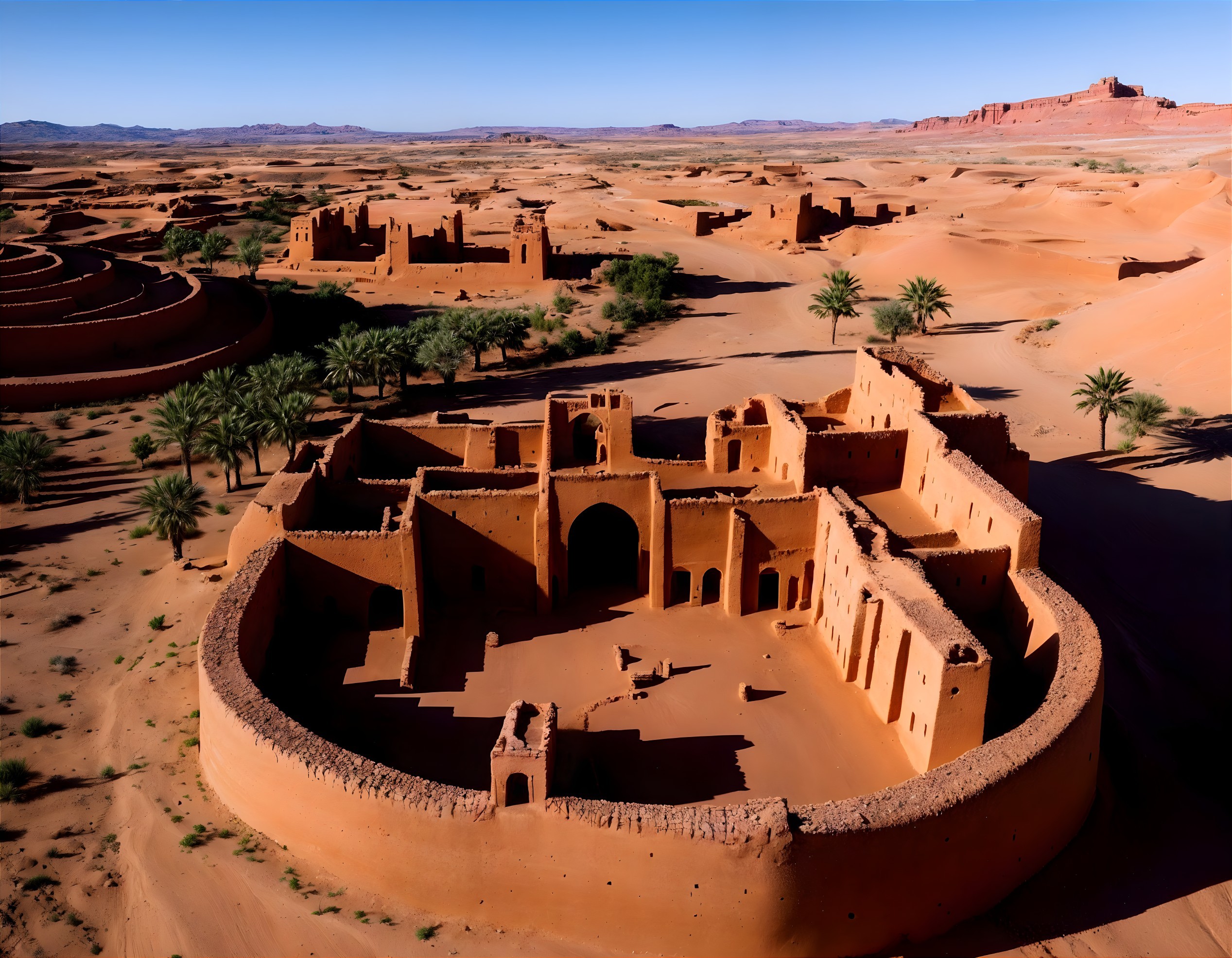 Ancient Fortress Surrounded by Desert and Palm Trees