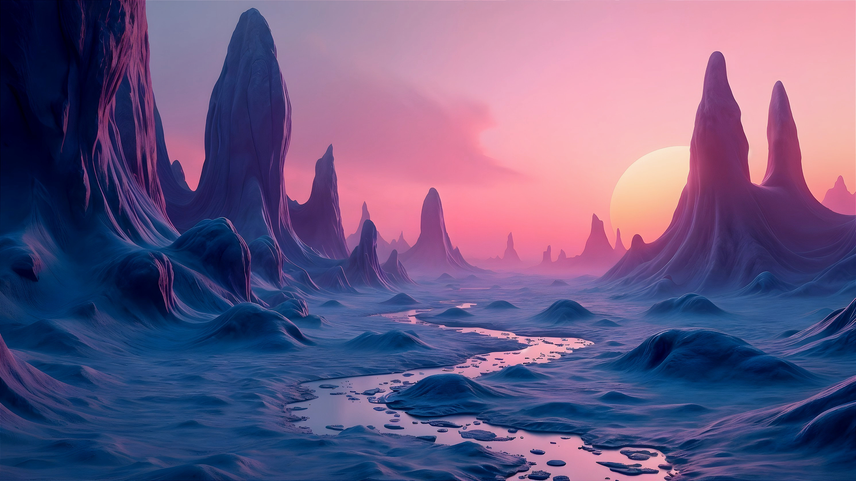 Surreal Landscape with Alien Formations and Sunset Hues