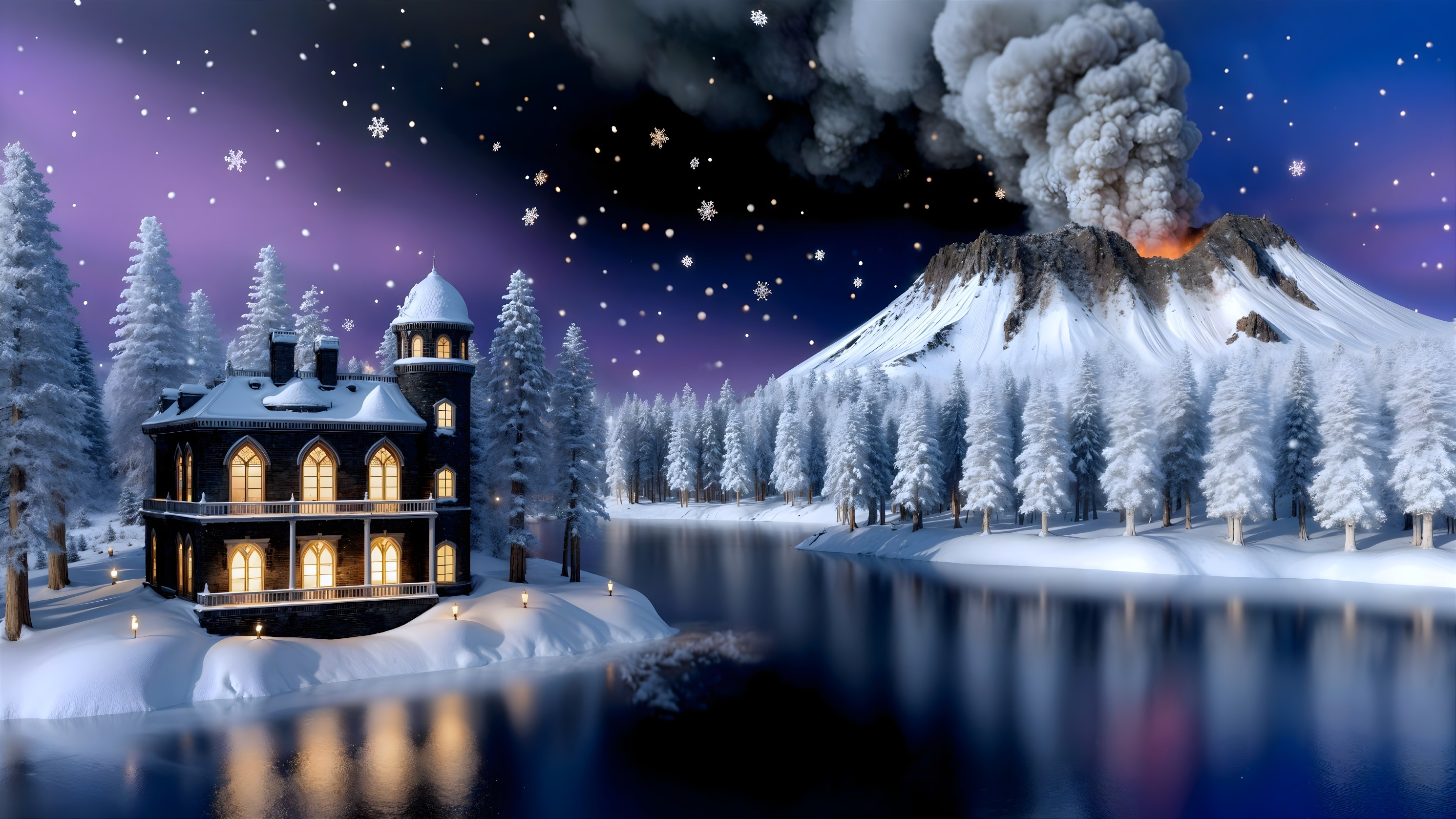 Winter Landscape with Black Mansion and Erupting Volcano