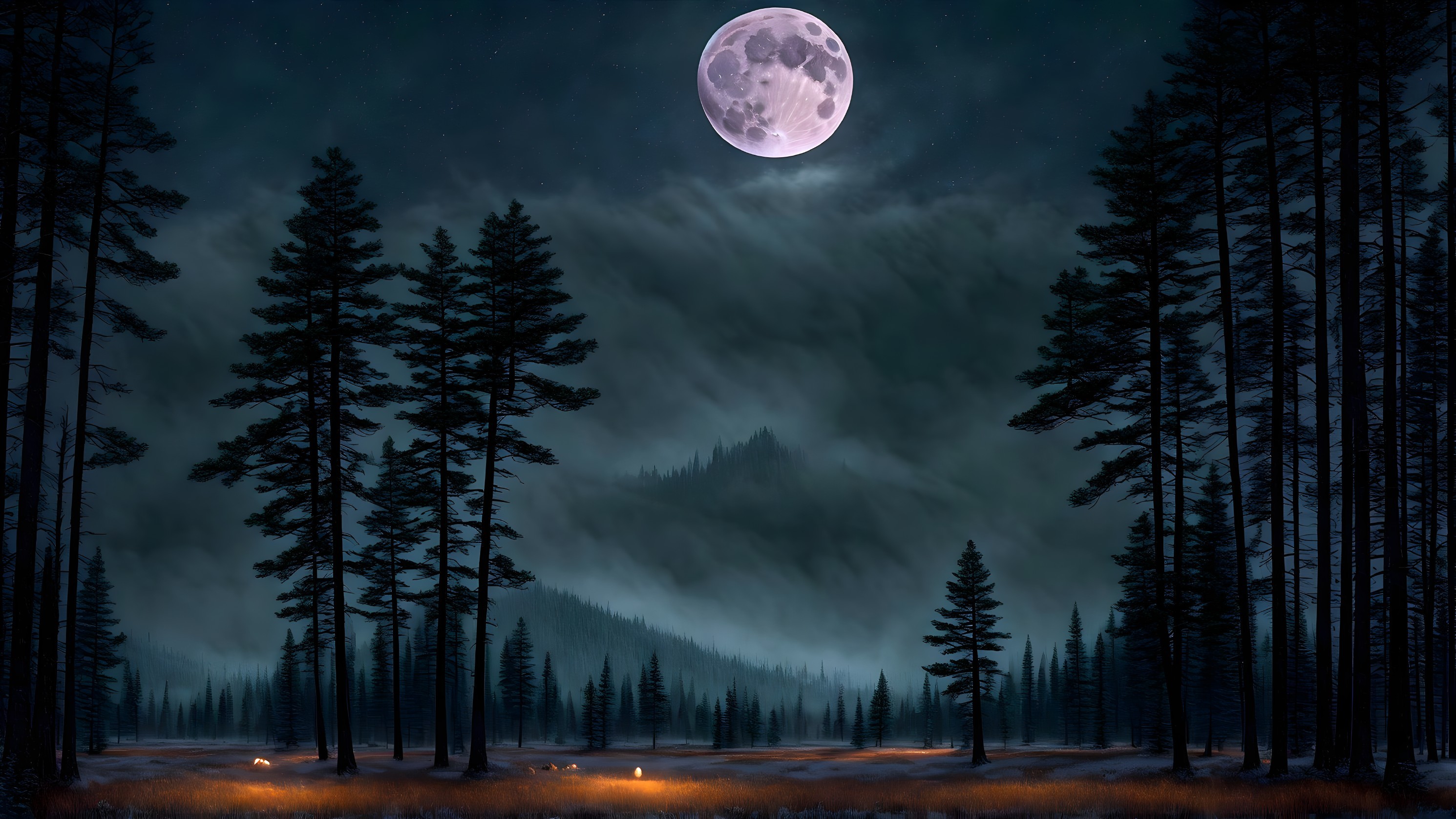 Tranquil Night Scene in a Dense Forest with Moonlight
