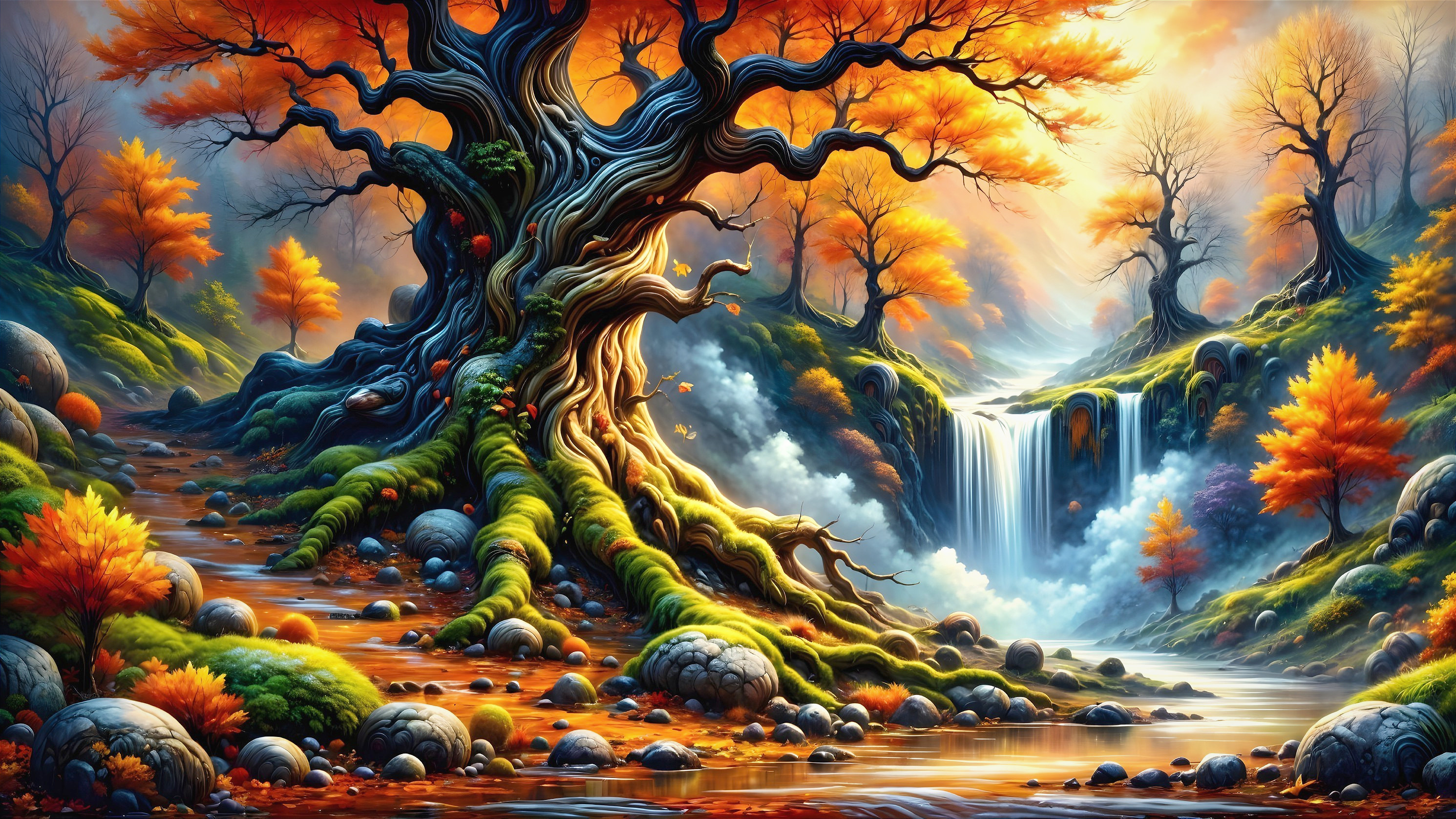 Ancient Tree in Autumn Landscape with Waterfall