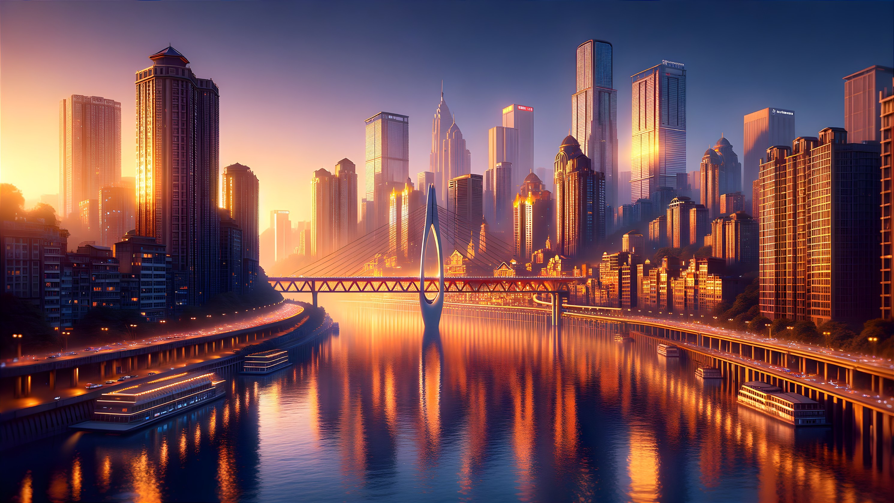 Cityscape at Sunset with Skyscrapers and River View