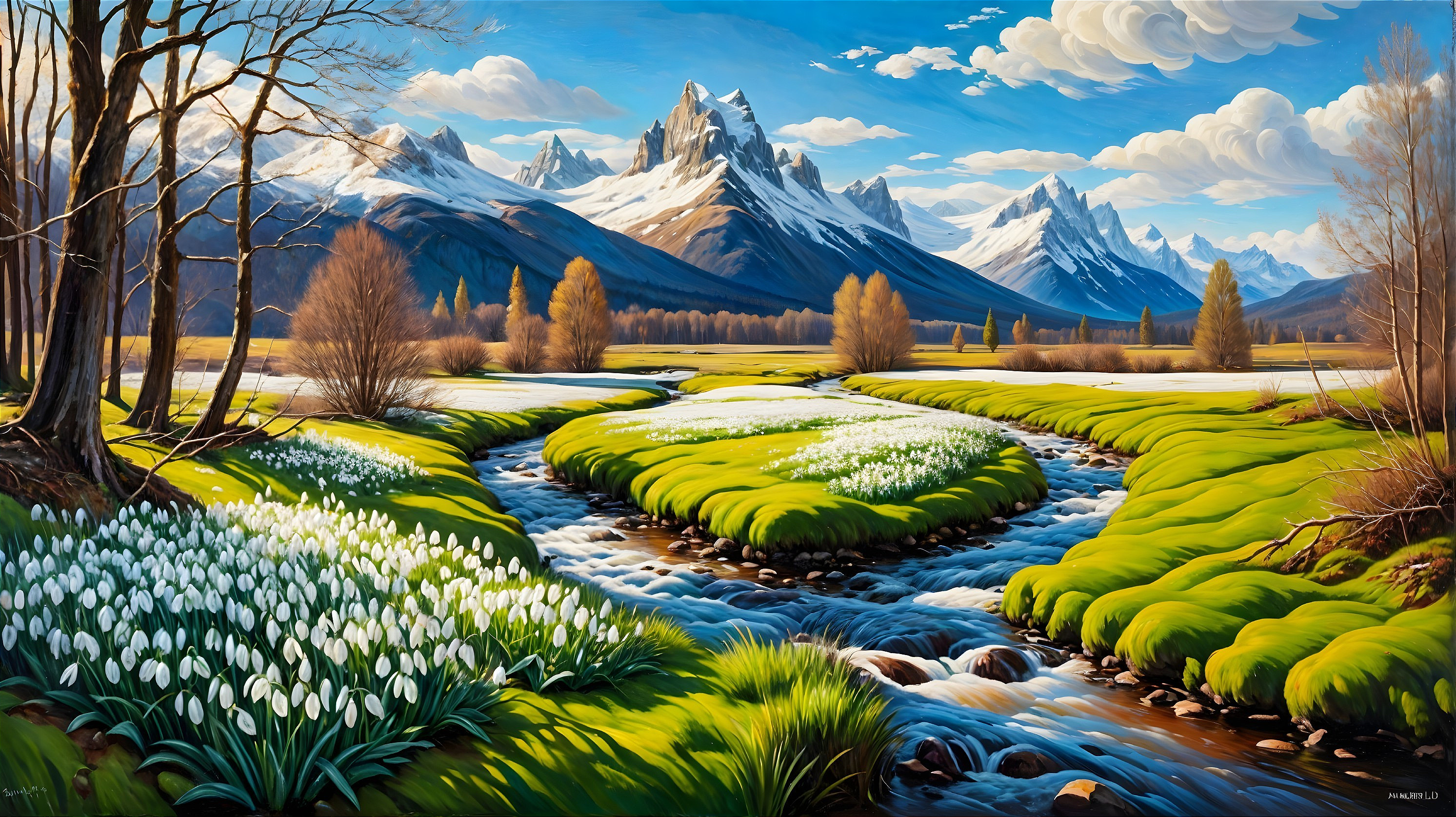 Vibrant Landscape with Stream and Snowy Mountains