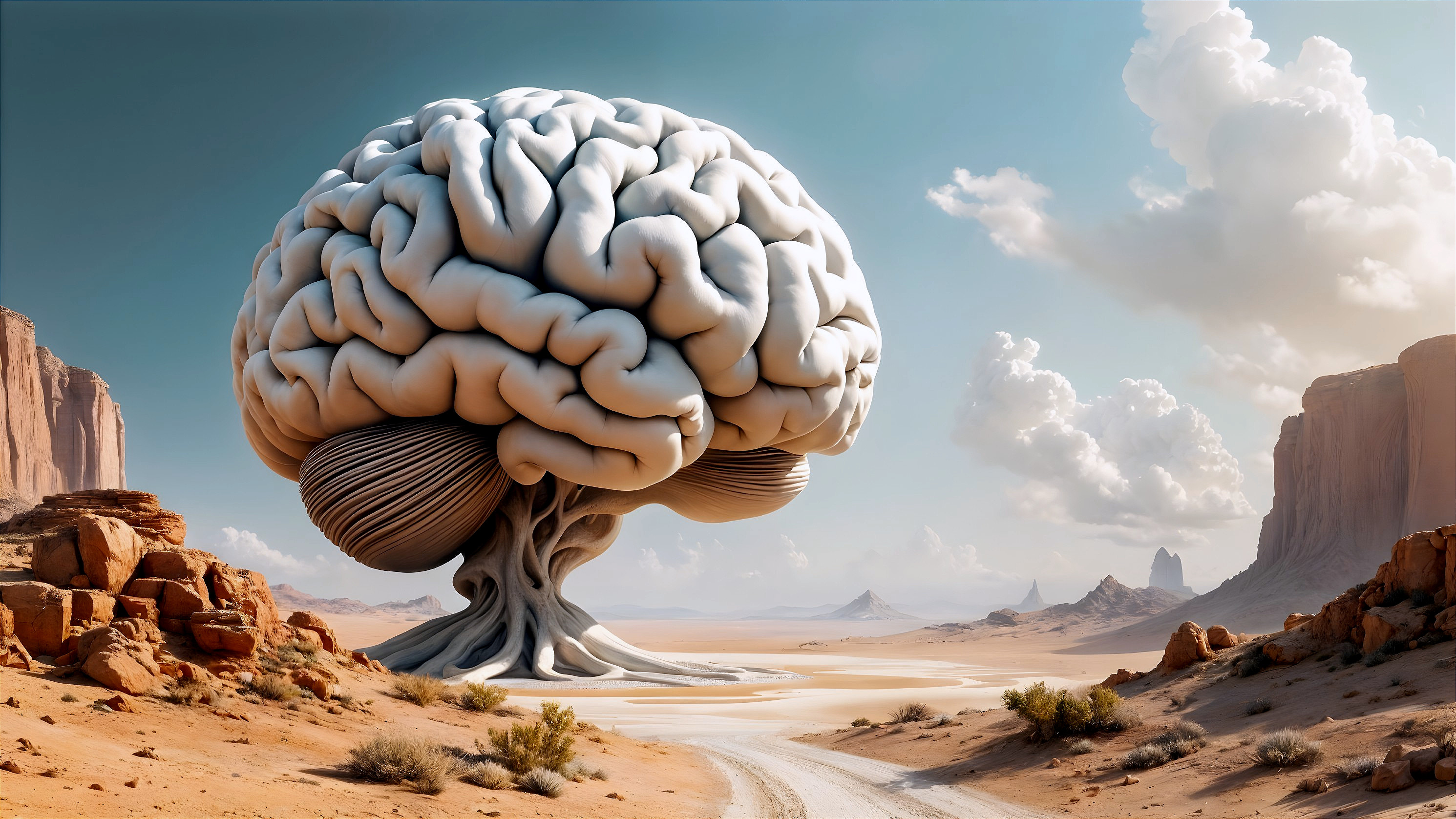 Surreal Landscape with Brain-Shaped Tree in Desert