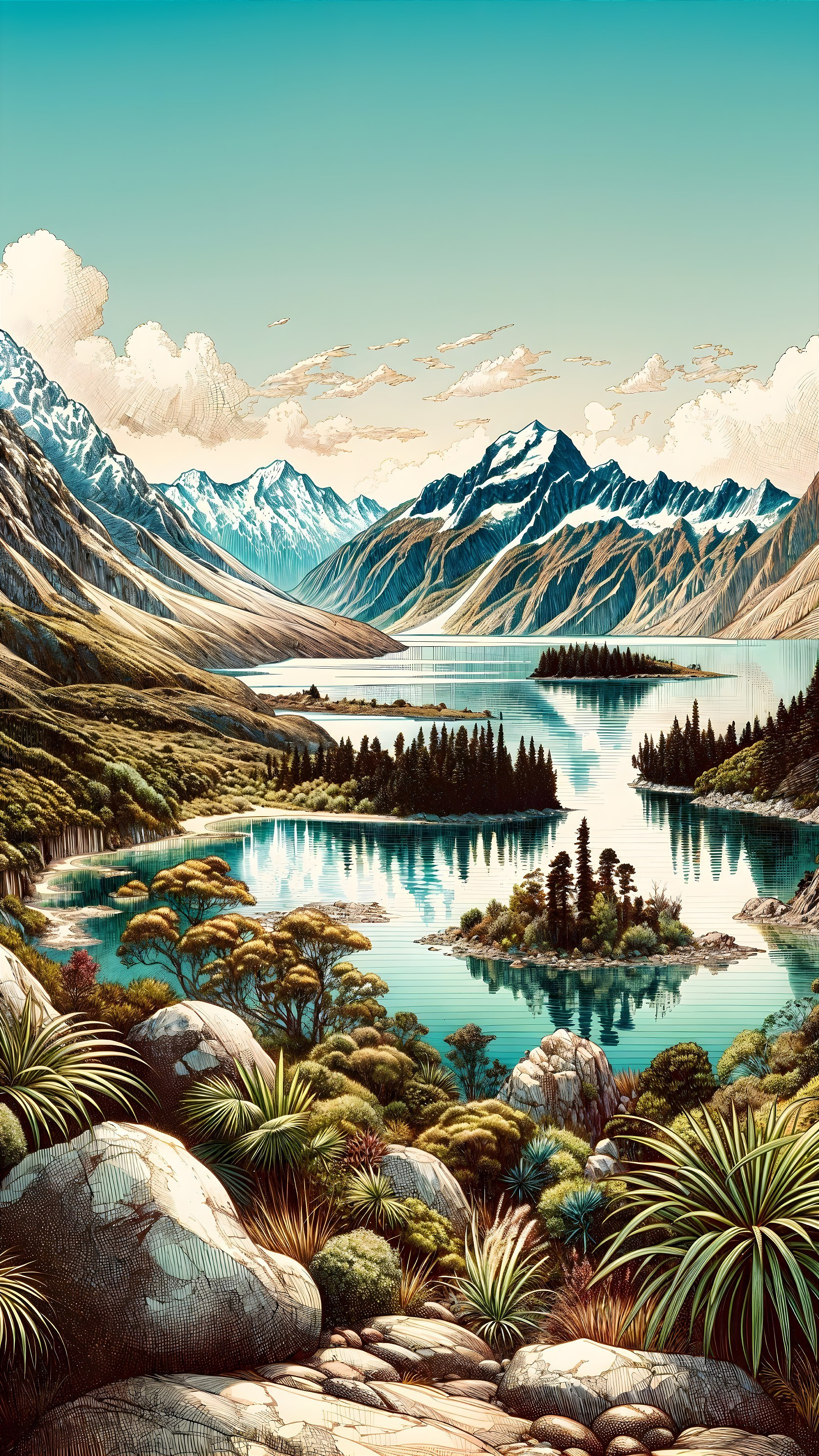 Tranquil Lake Surrounded by Lush Greenery and Mountains