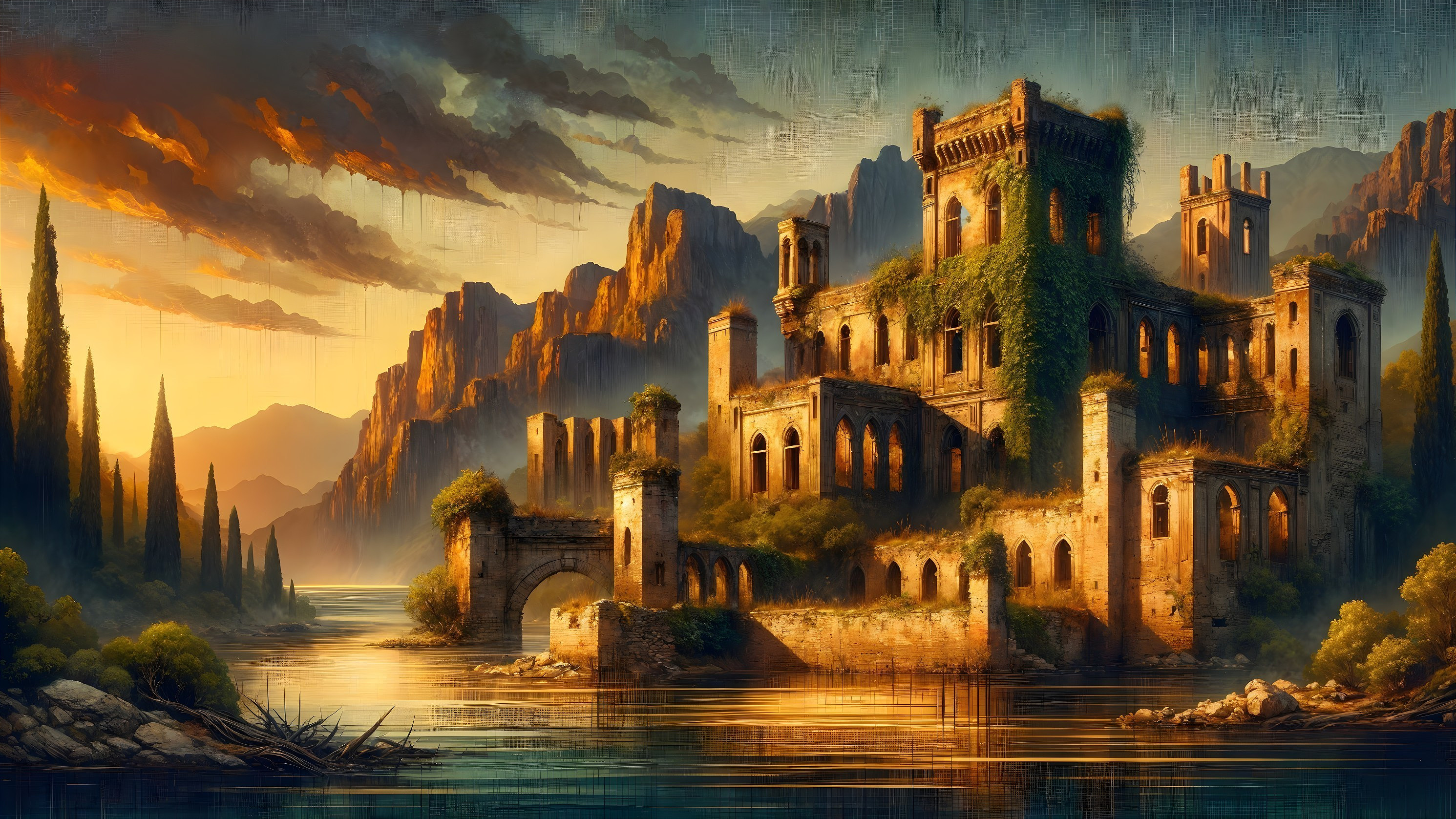 Dilapidated castle by tranquil lake at sunset