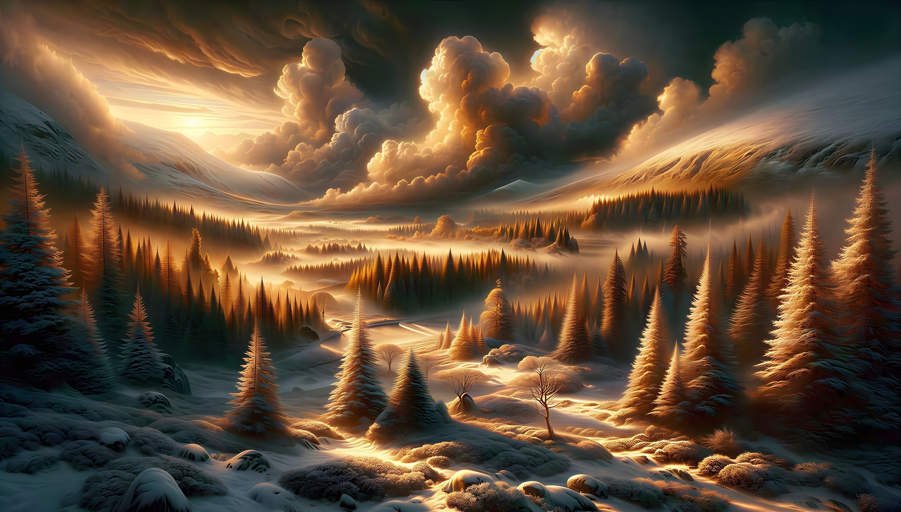 Snow-Covered Mountain Valley with Evergreen Forest