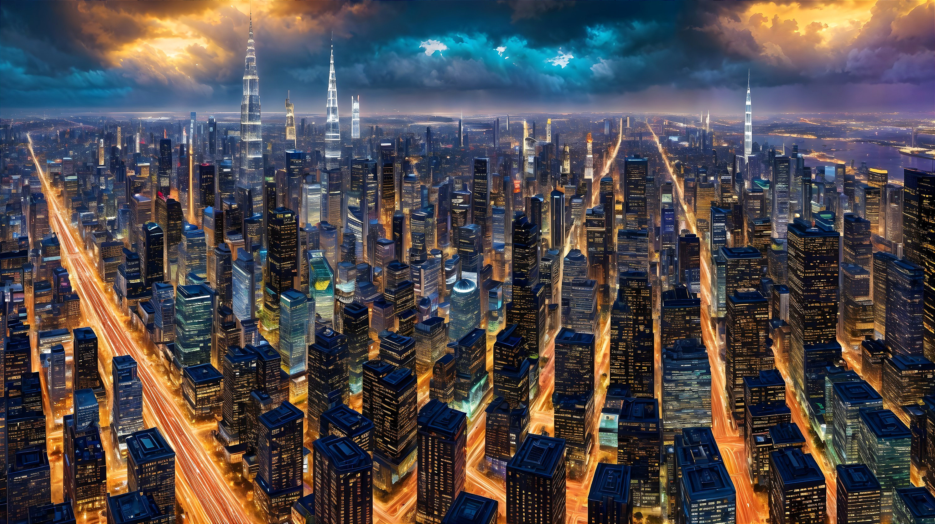 Aerial View of City Skyline at Dusk with Lights