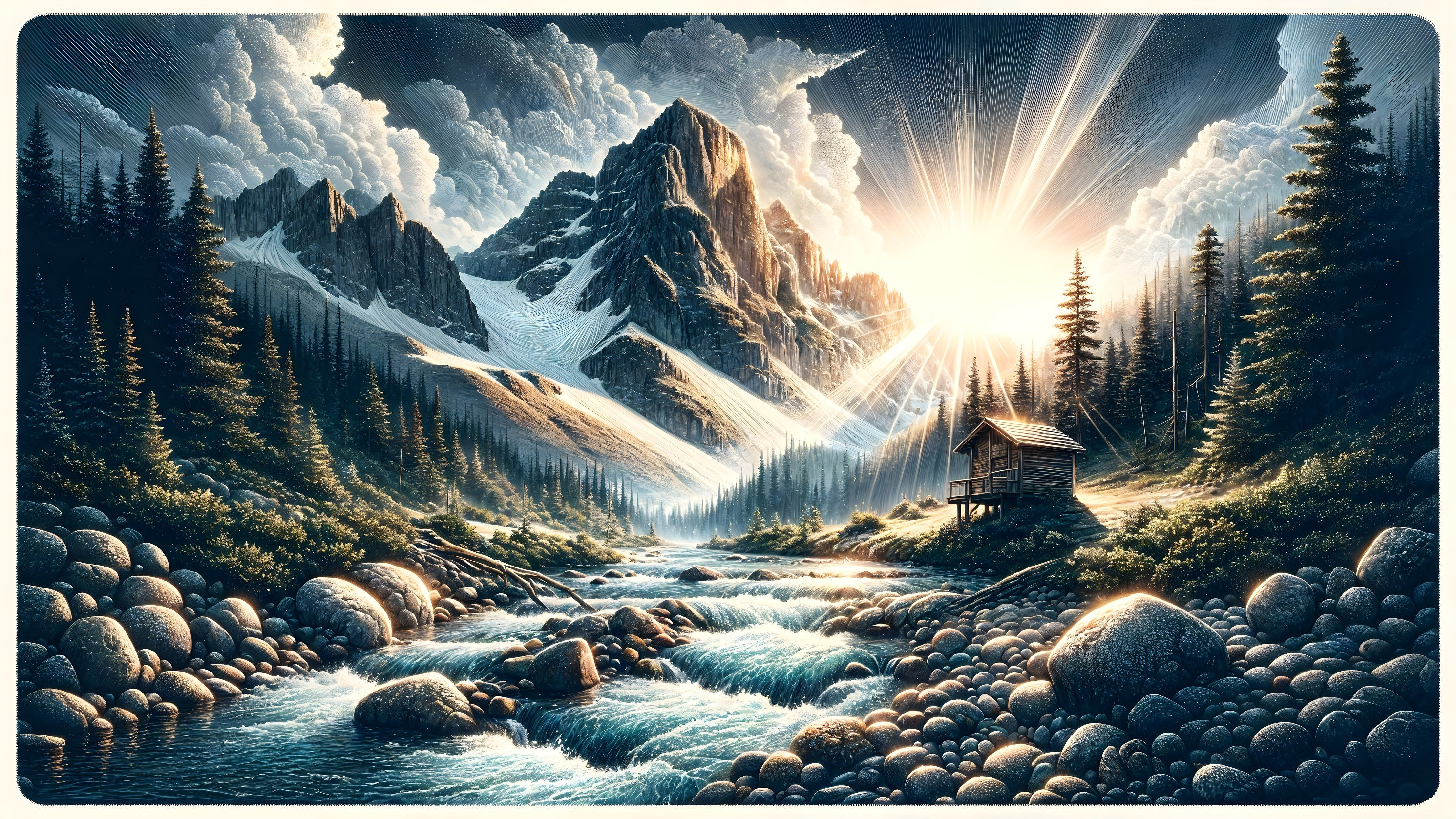 Majestic Mountain Landscape with Tranquil River and Cabin