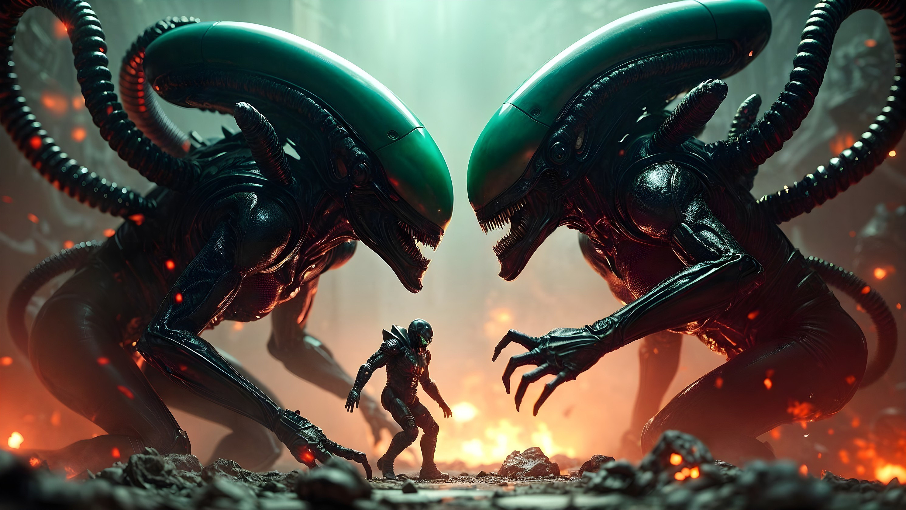 Dystopian Scene with Alien Creatures and Armored Figure