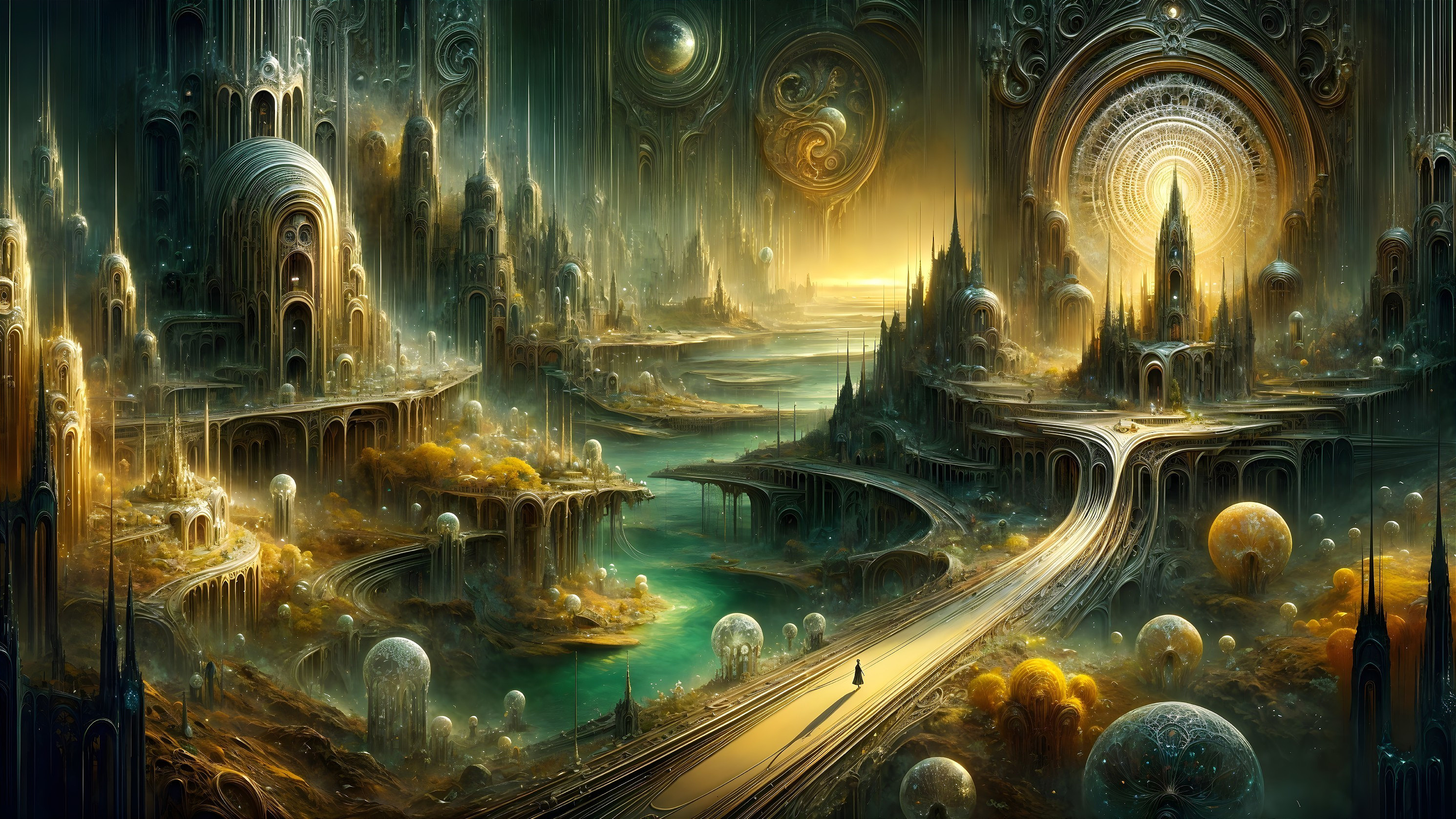 Surreal Landscape with Golden Hues and Ethereal Spheres