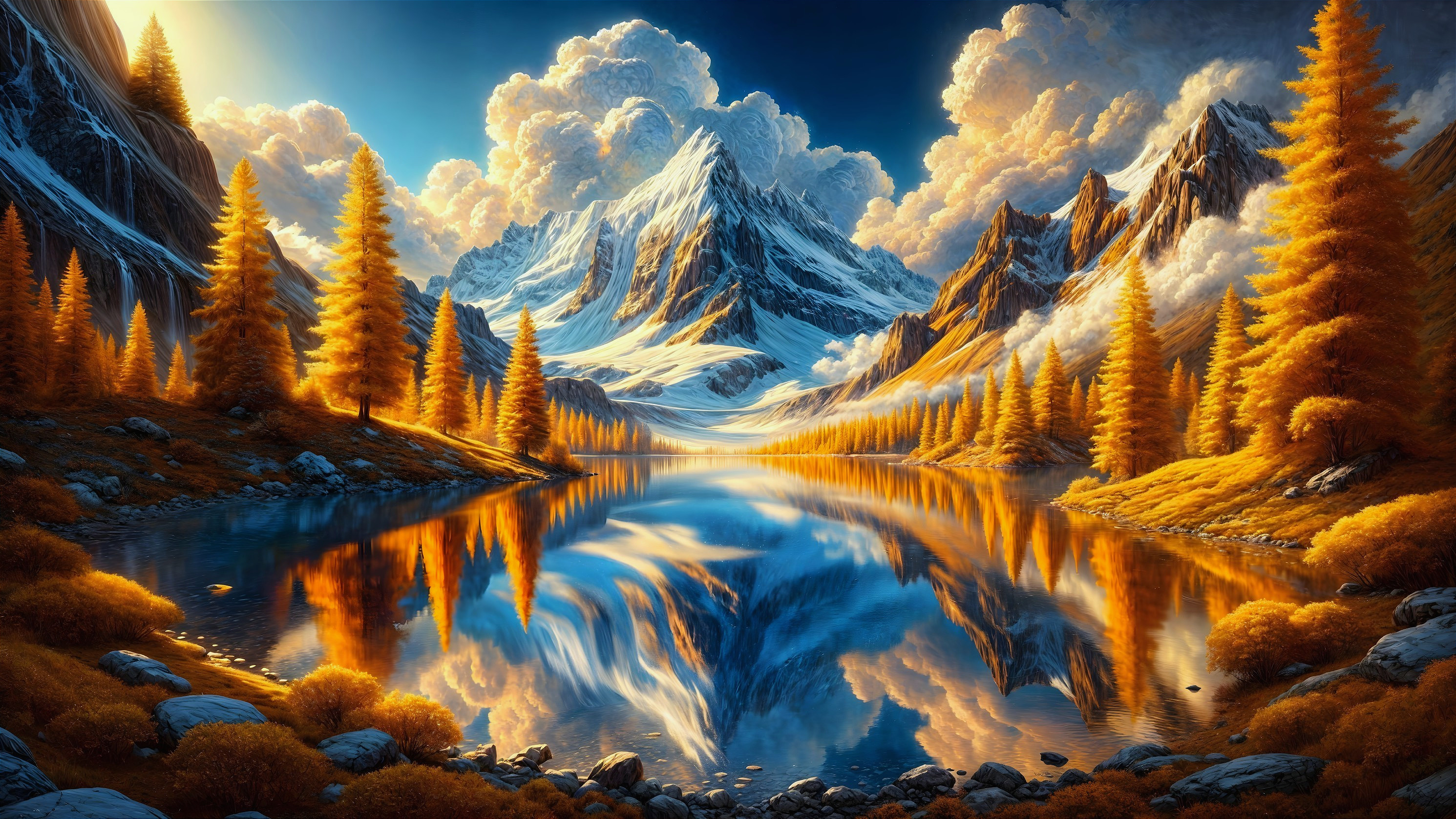 Serene Lake Surrounded by Majestic Mountains and Pines