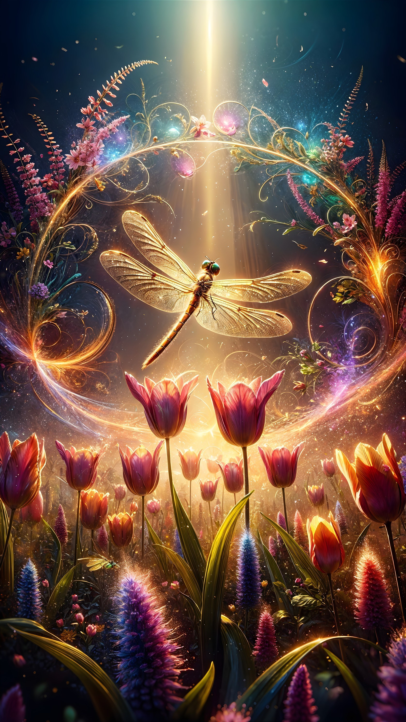 Dragonfly Over Vibrant Tulip Field with Magical Light