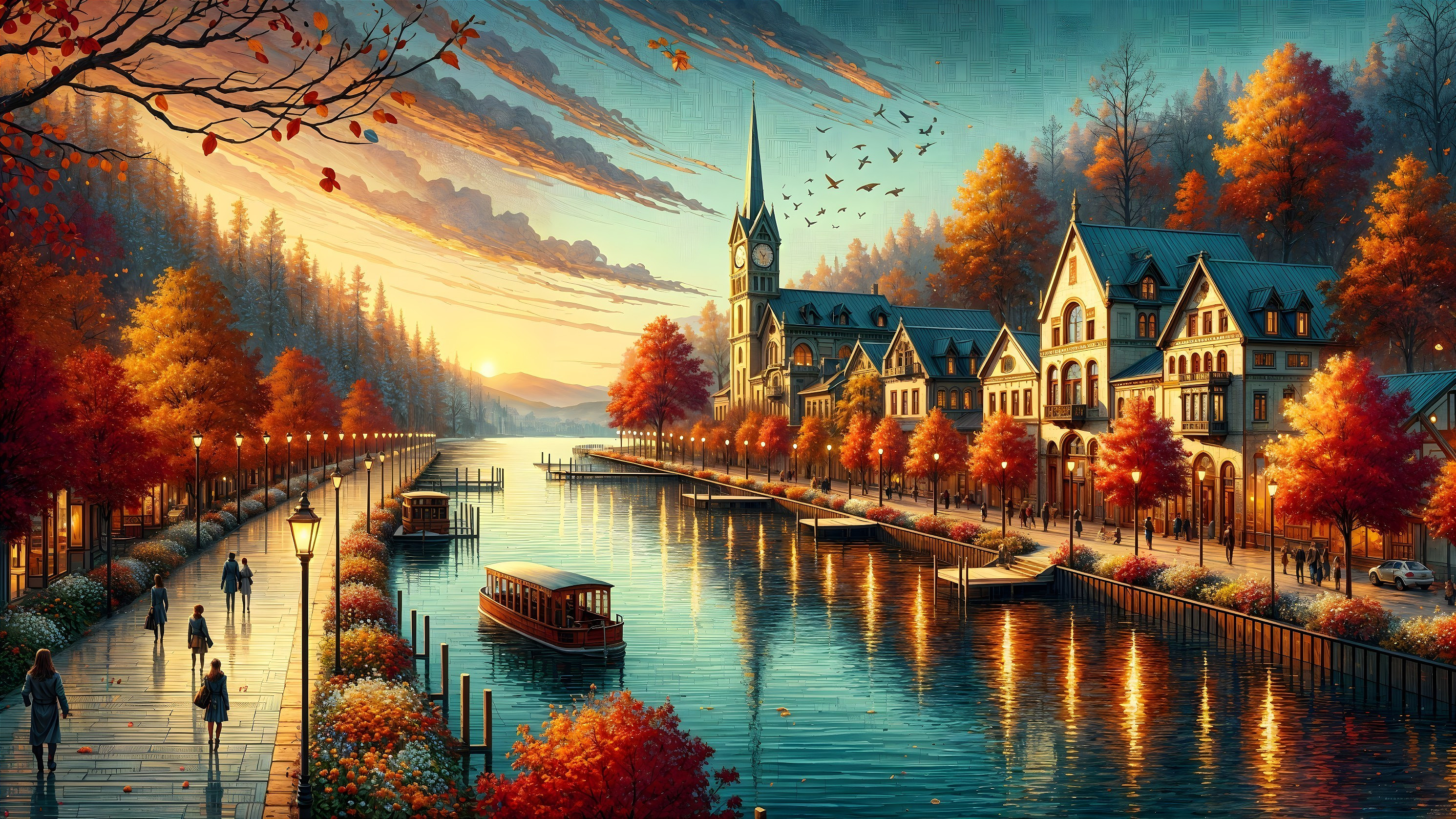 Autumn River Scene with Vibrant Trees and Buildings