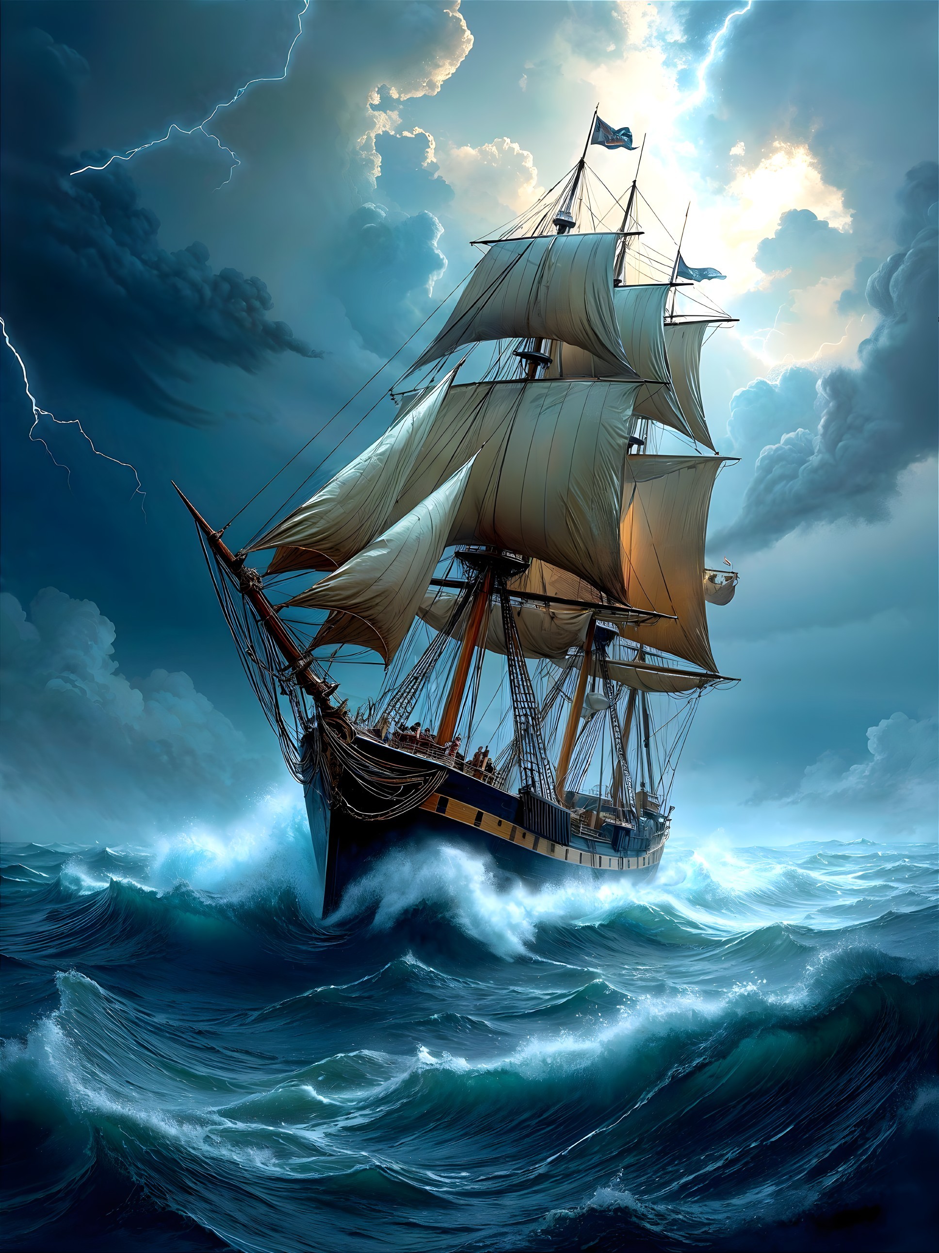 Sailing Ship Navigates Stormy Seas and Lightning Sky