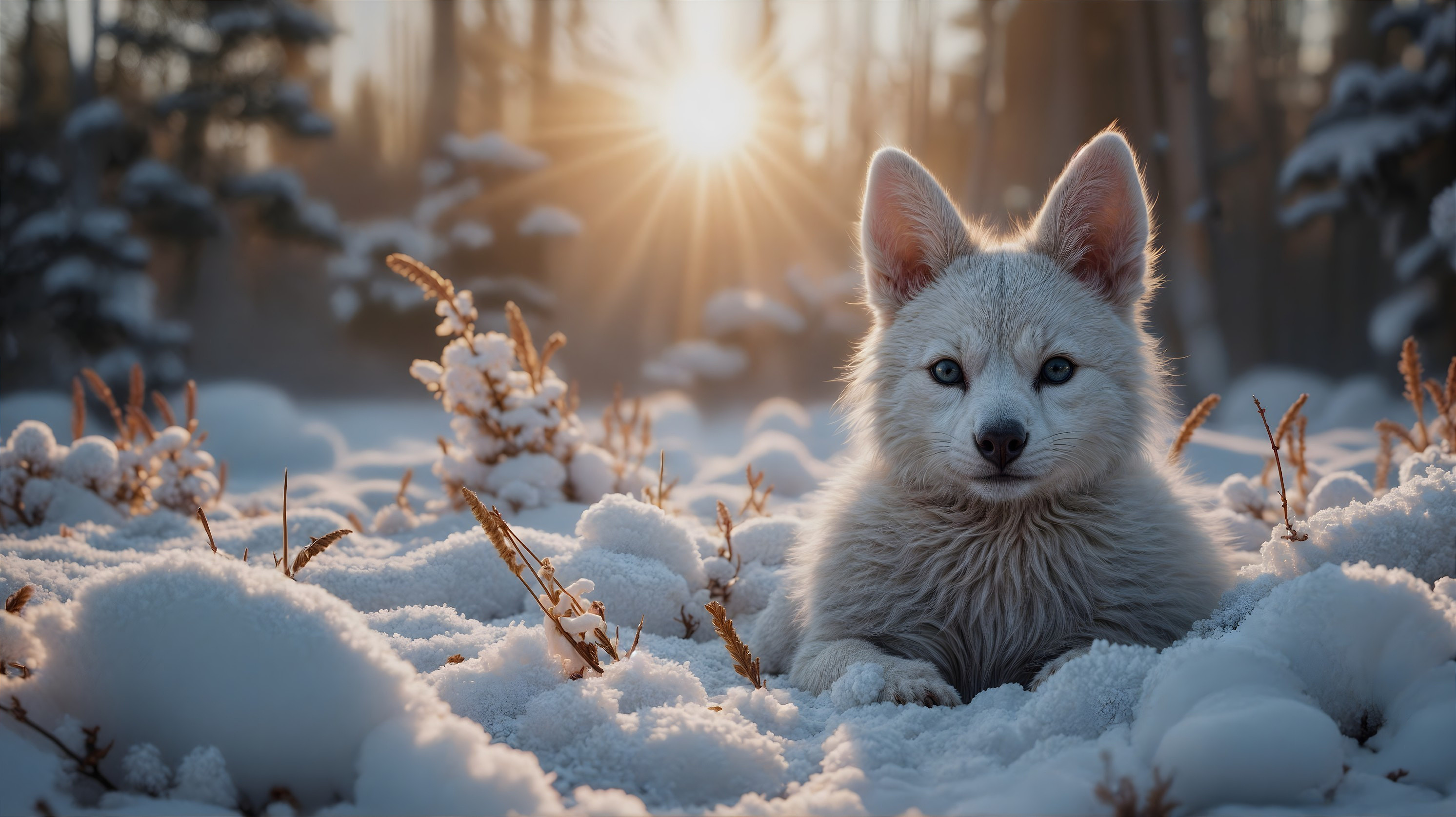 Young fox resting in snowy landscape at sunset