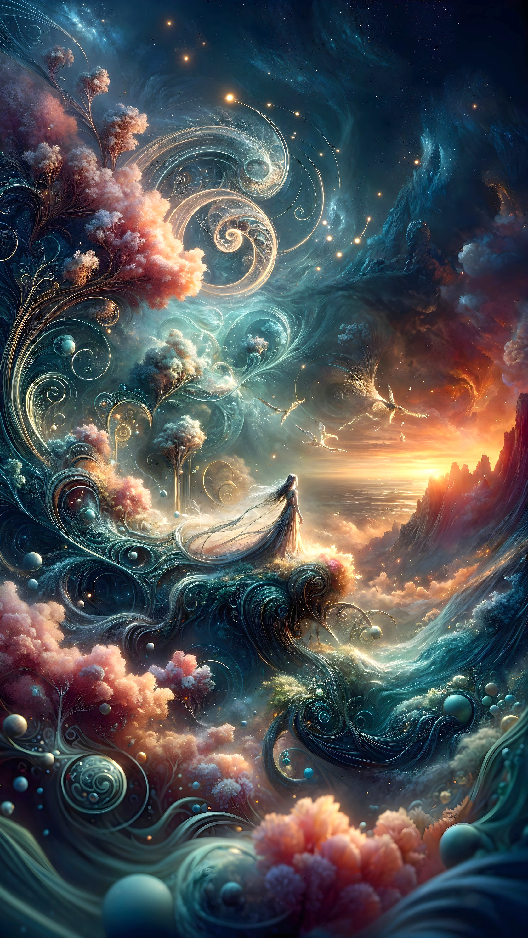 Cosmic Landscape with Mystical Figure at Sunset