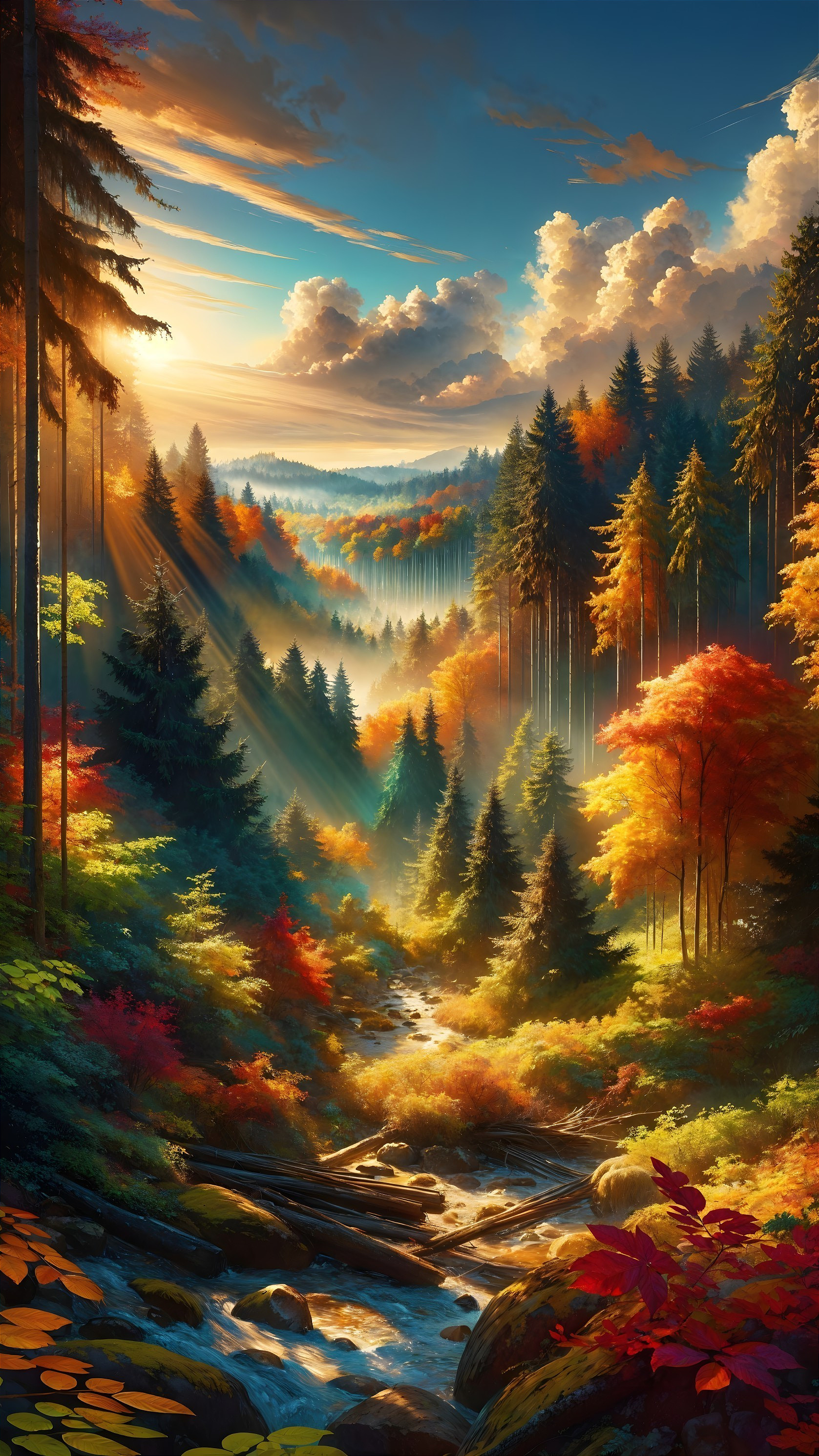 Autumn Valley Landscape with Coniferous Trees and Stream