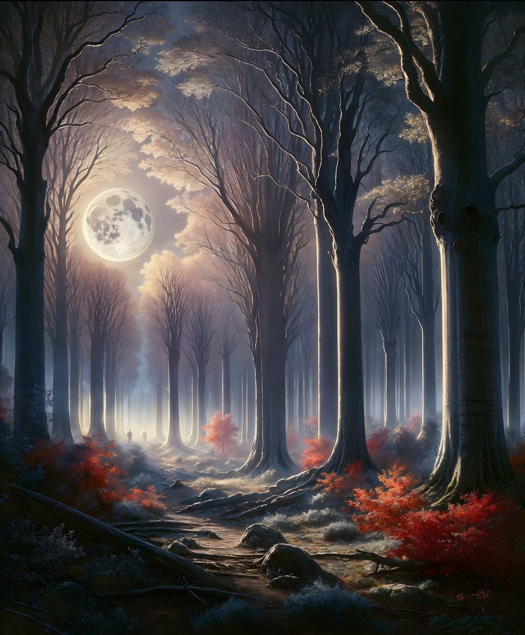 Mystical Forest Under Full Moon with Autumn Leaves