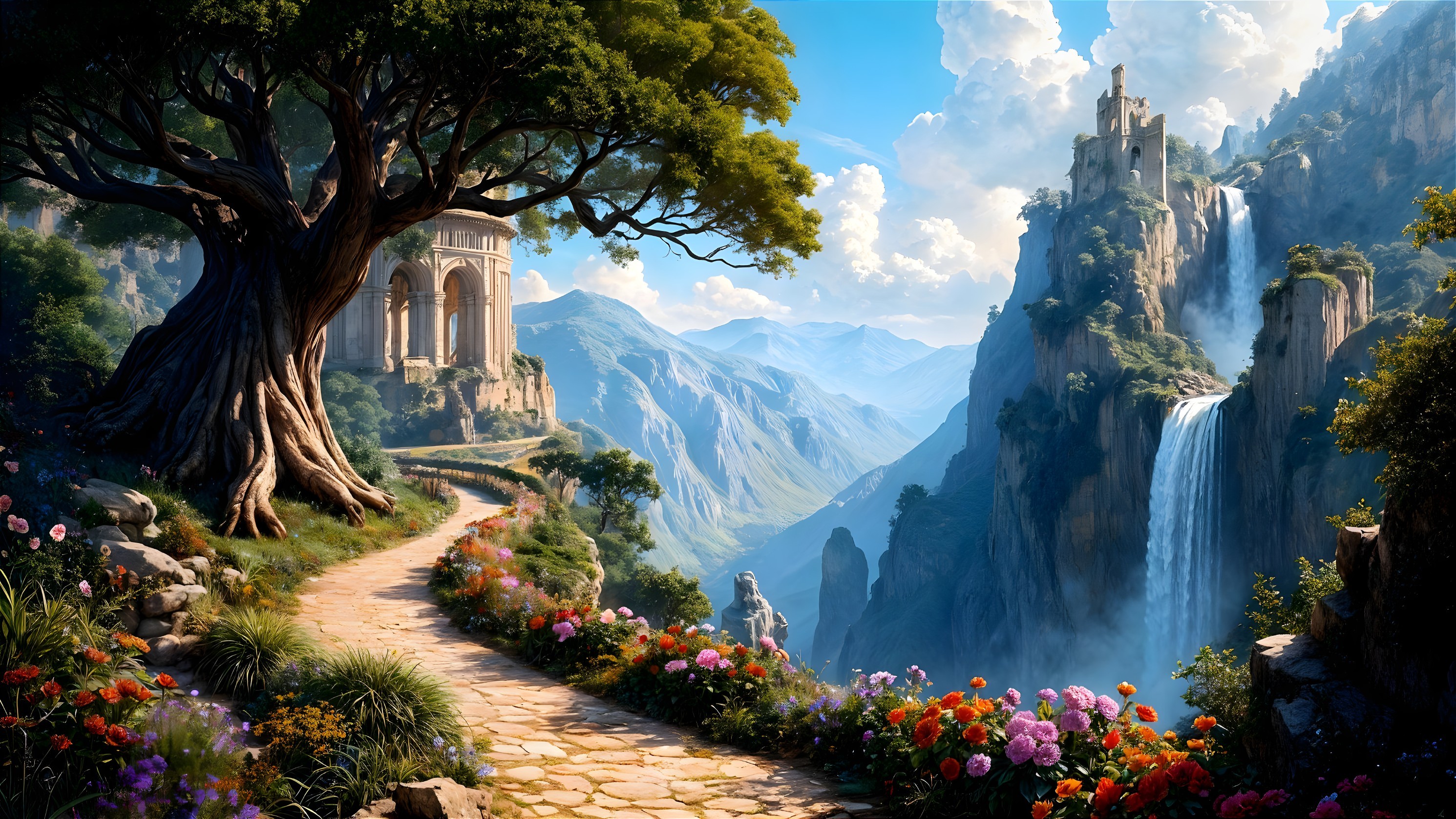 Serene Landscape with Waterfall and Ancient Ruins