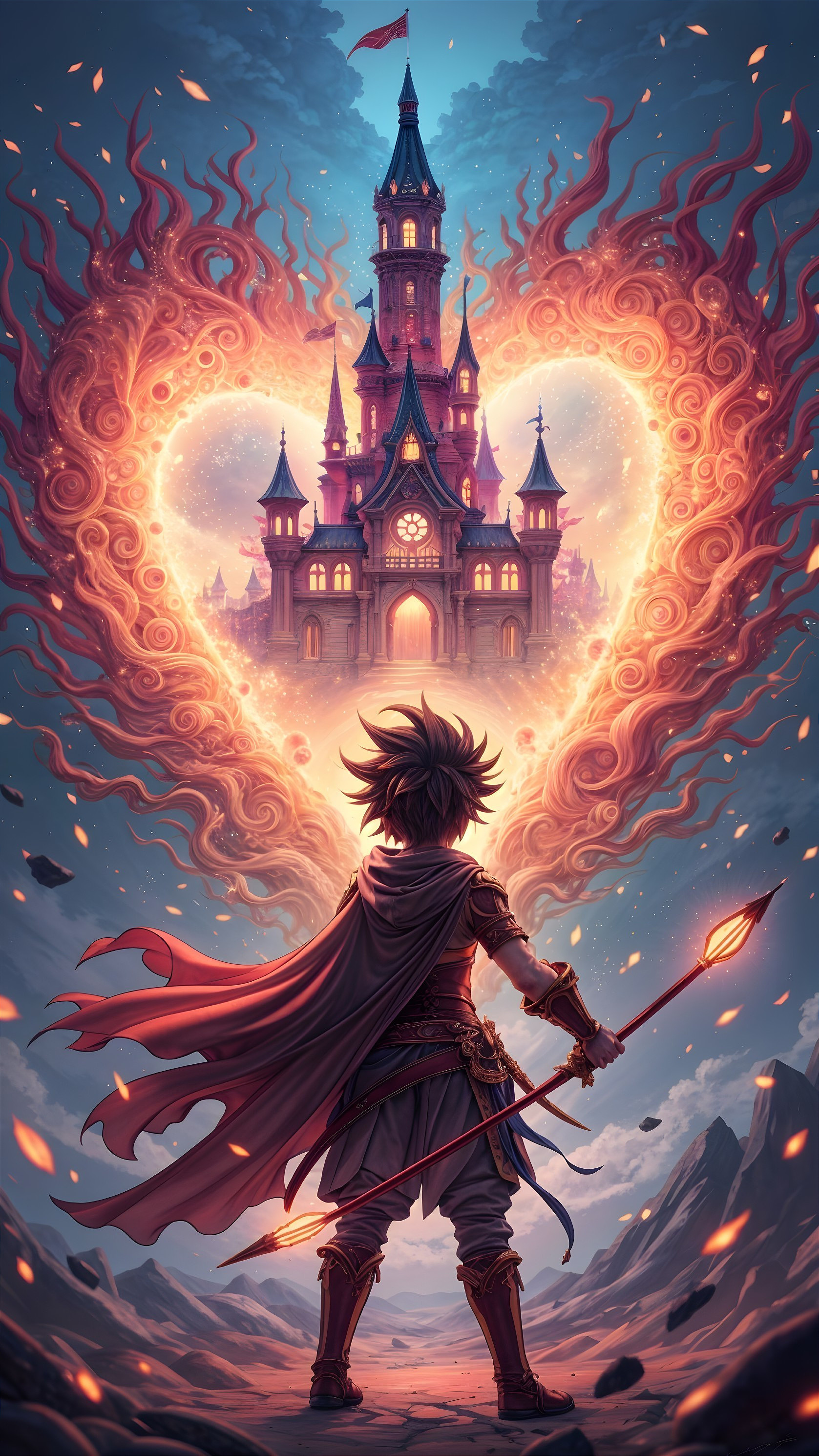 Young hero with glowing bow in fiery heart landscape