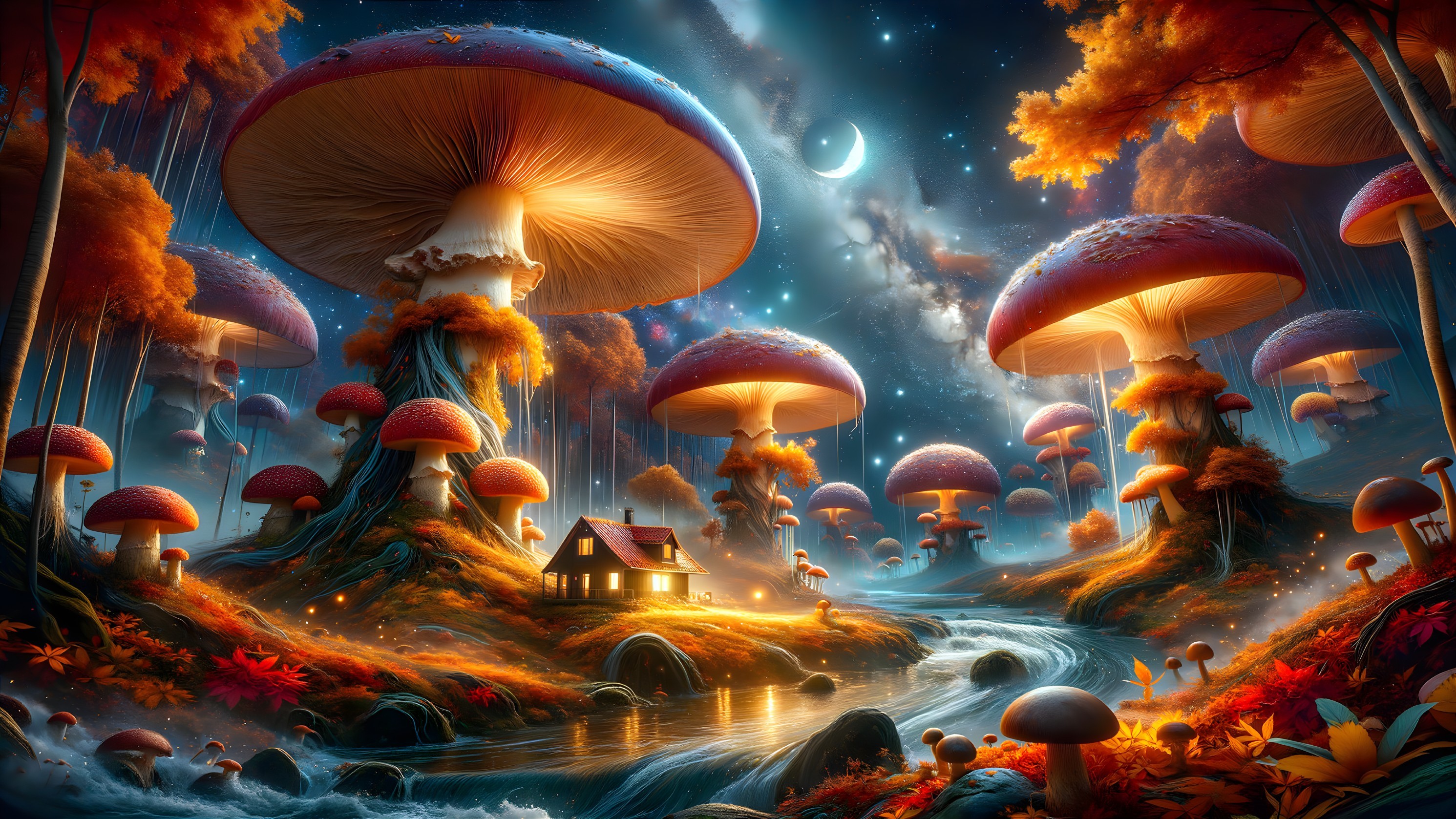 Fantasy landscape with illuminated mushrooms and small house by river