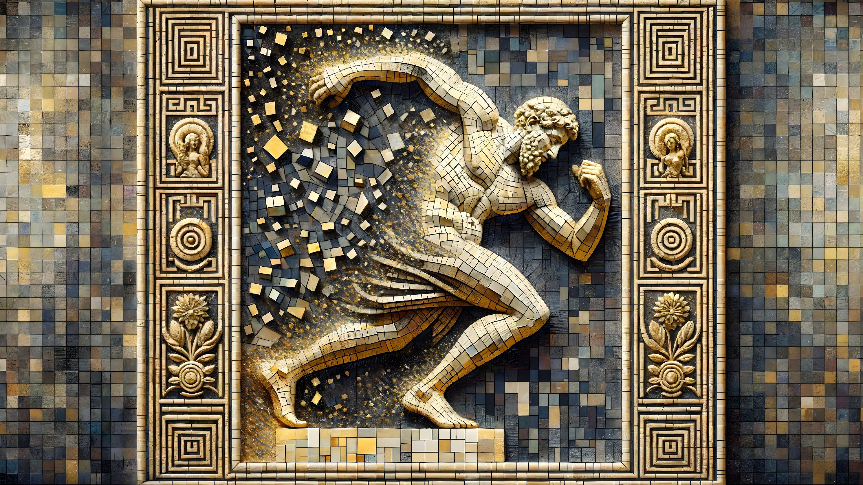 Mosaic Artwork of a Muscular Figure in Motion
