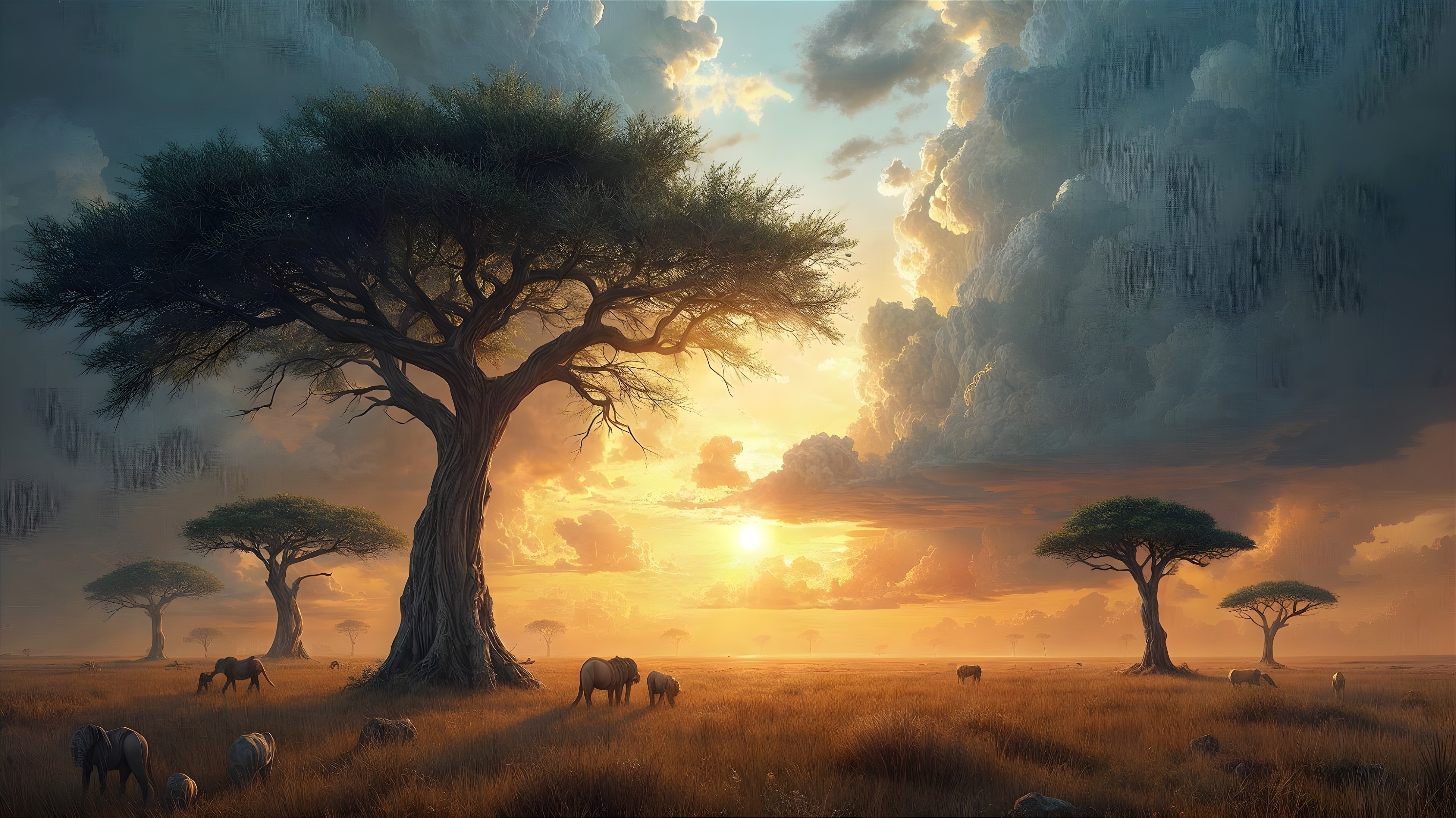 Sunset Landscape with Silhouetted Trees and Animals