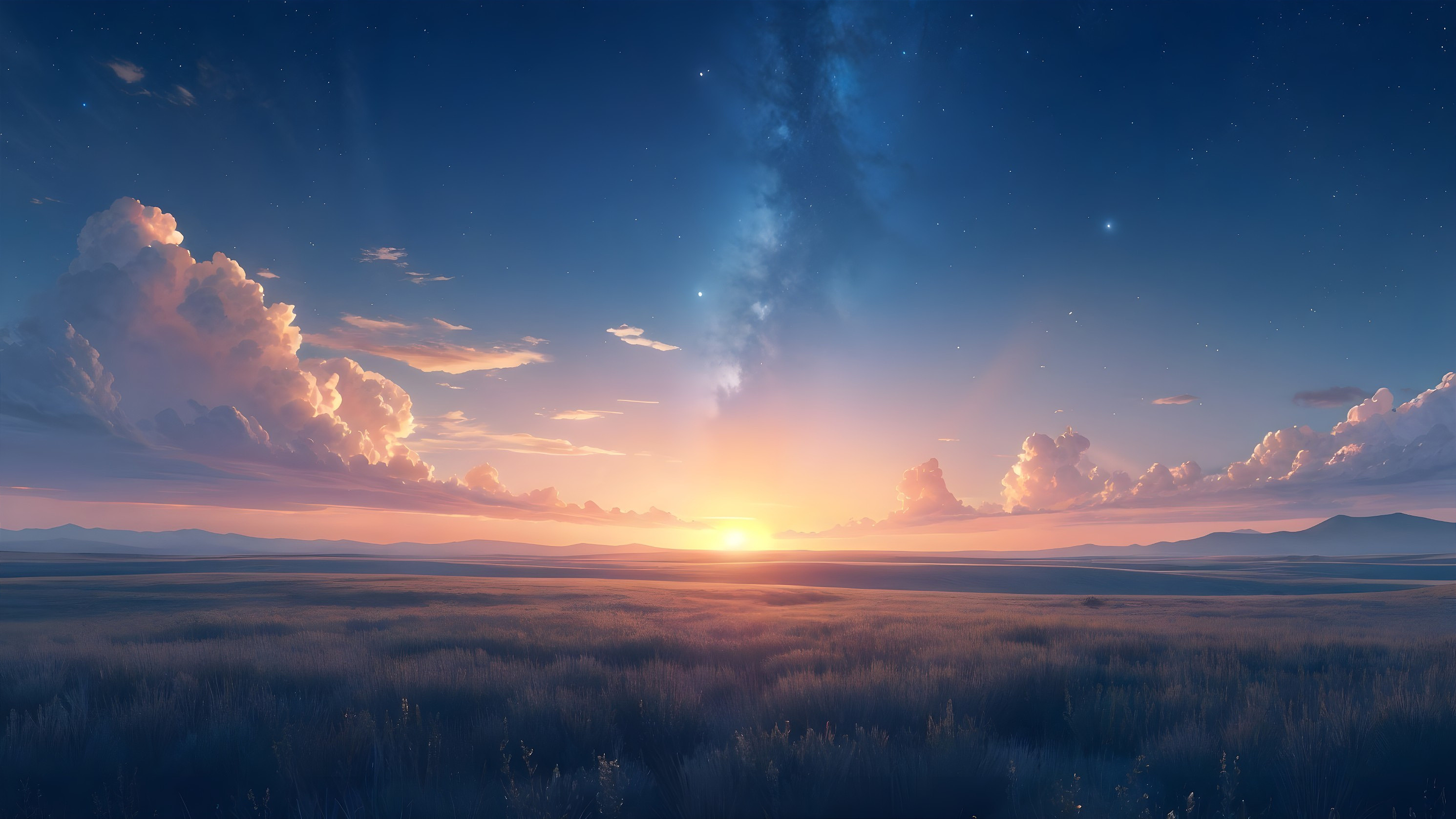 Dawn Landscape with Vibrant Sky and Rolling Hills