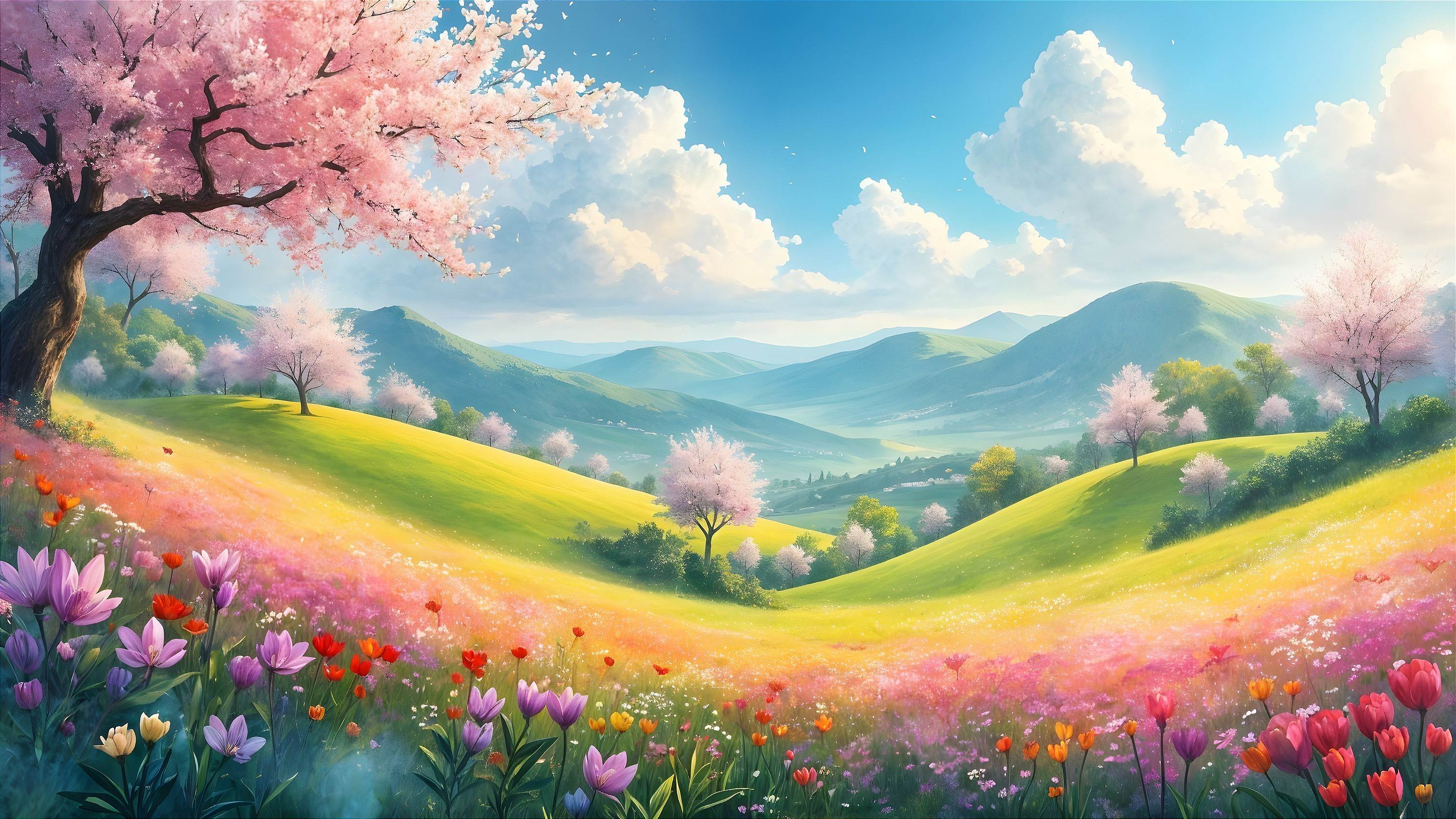 Vibrant Landscape of Rolling Hills and Blossoming Trees