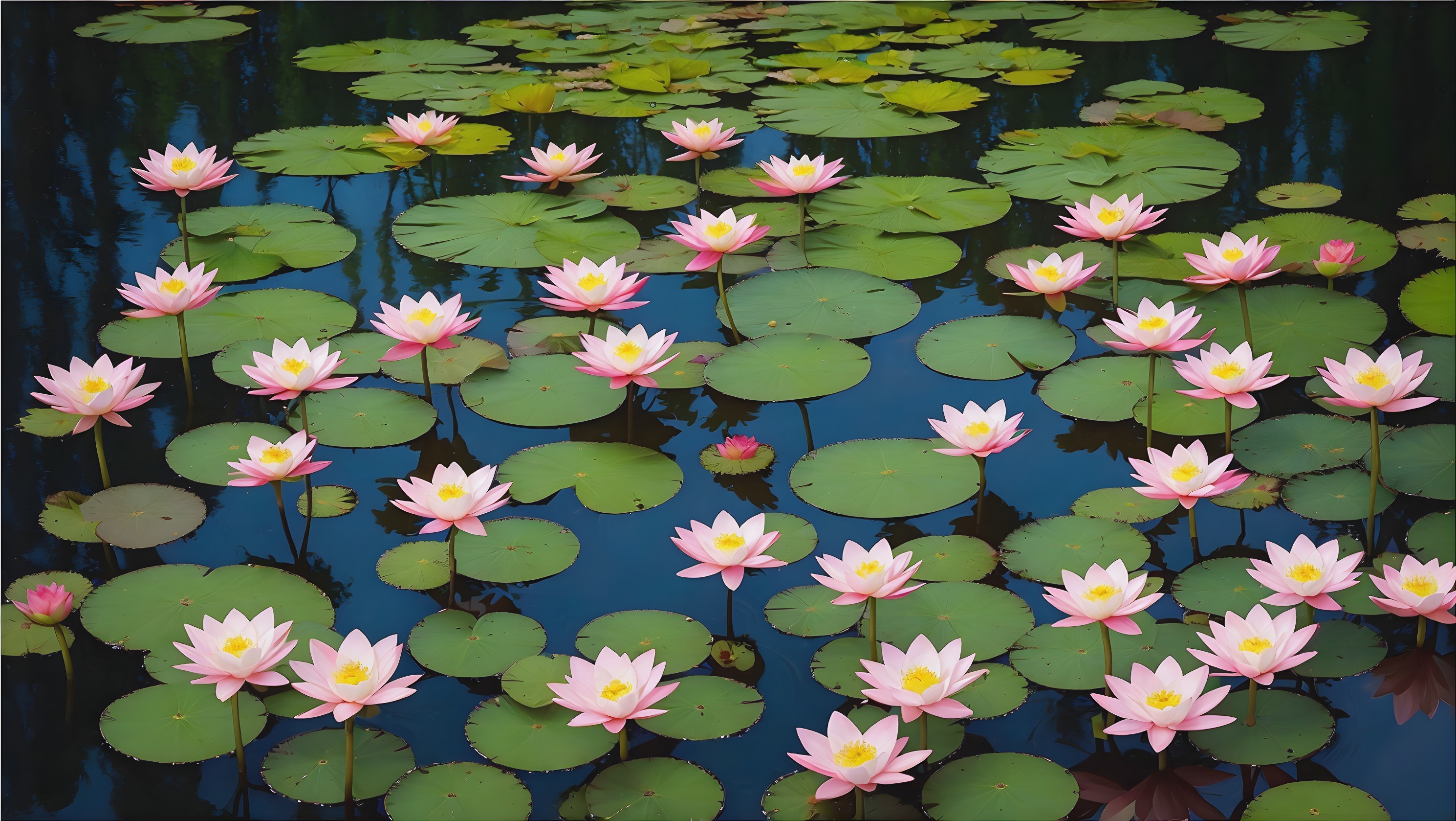 Tranquil Pond with Pink Water Lilies and Greenery
