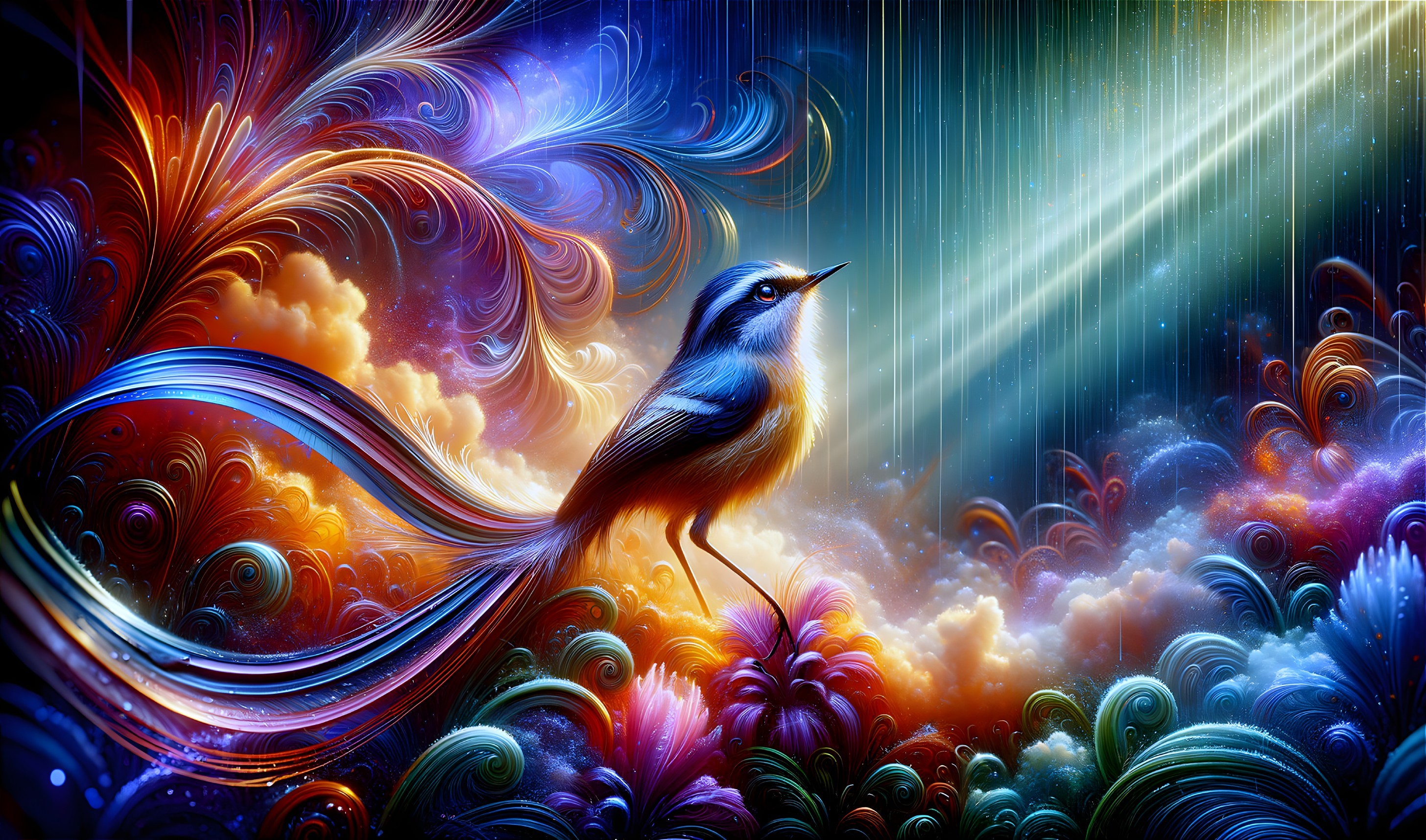 Vibrant Bird Surrounded by Colorful Flowers and Clouds