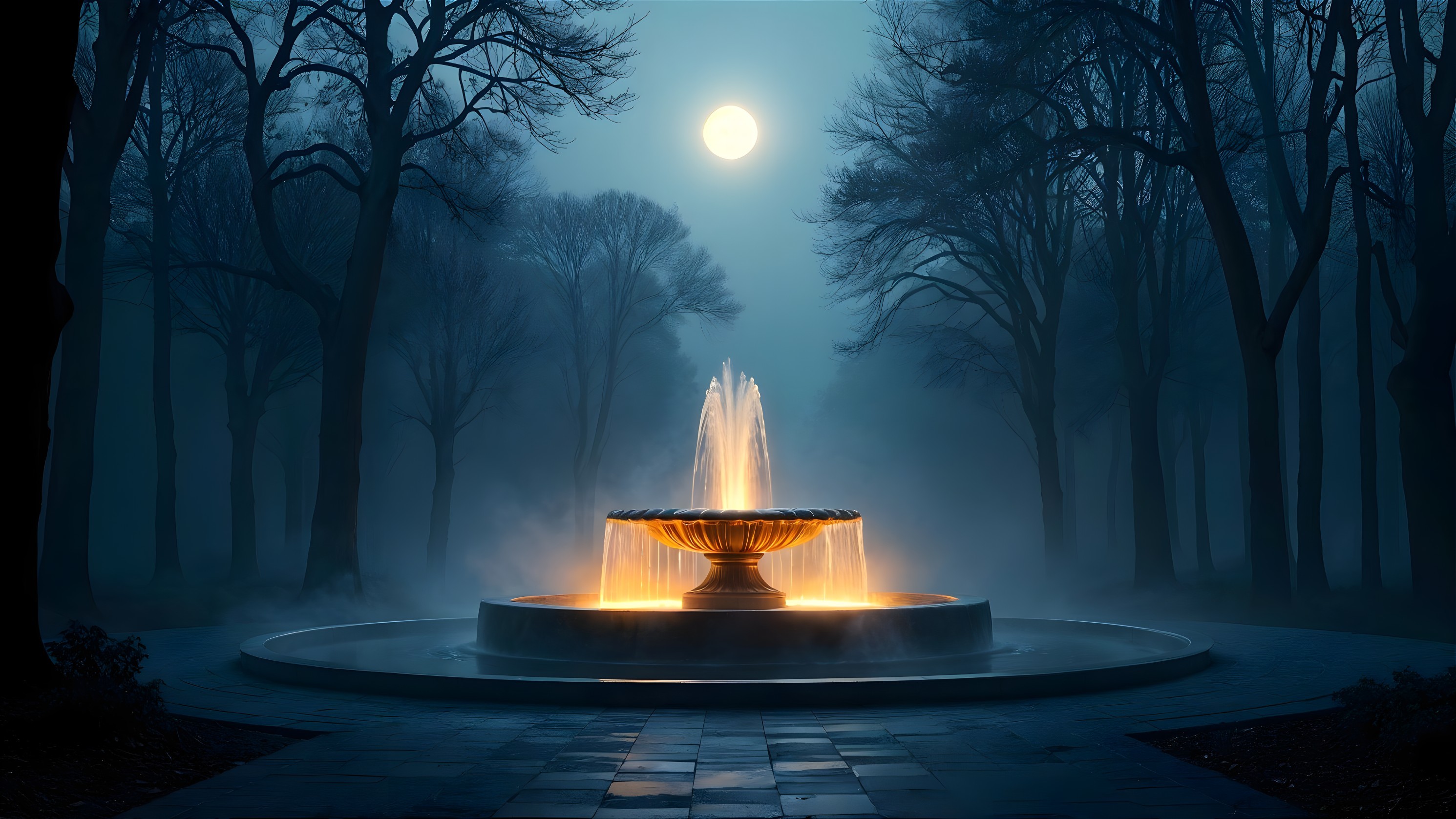 Tranquil Night Scene with Illuminated Fountain and Trees