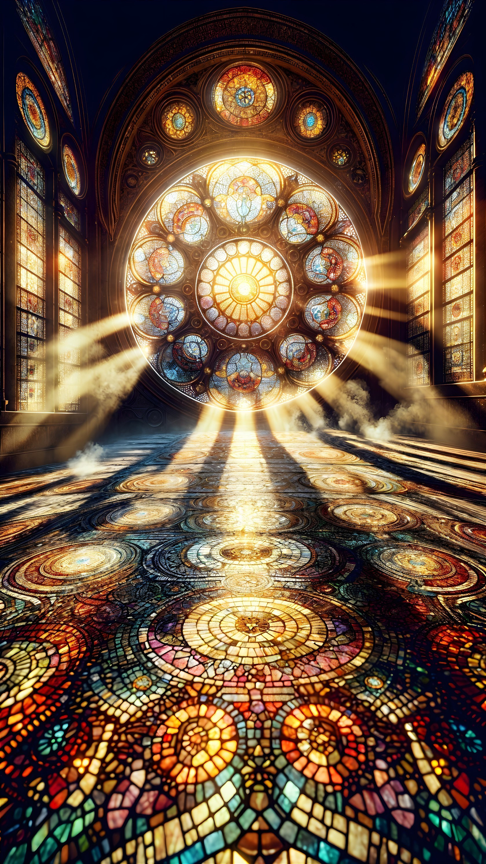 Ornate Interior with Stained Glass and Mosaic Floor