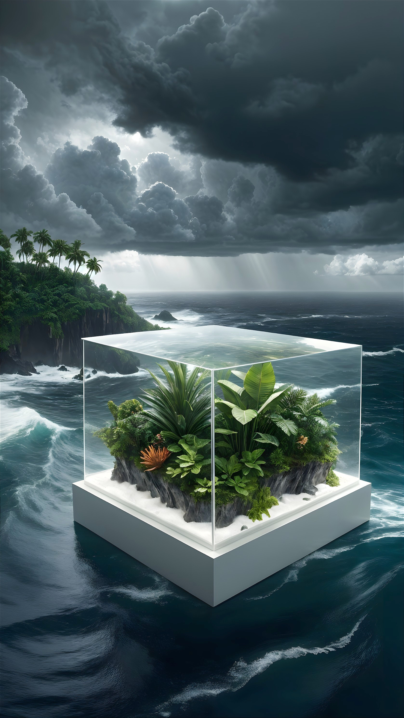 Tropical Ecosystem in Glass Terrarium with Stormy Background