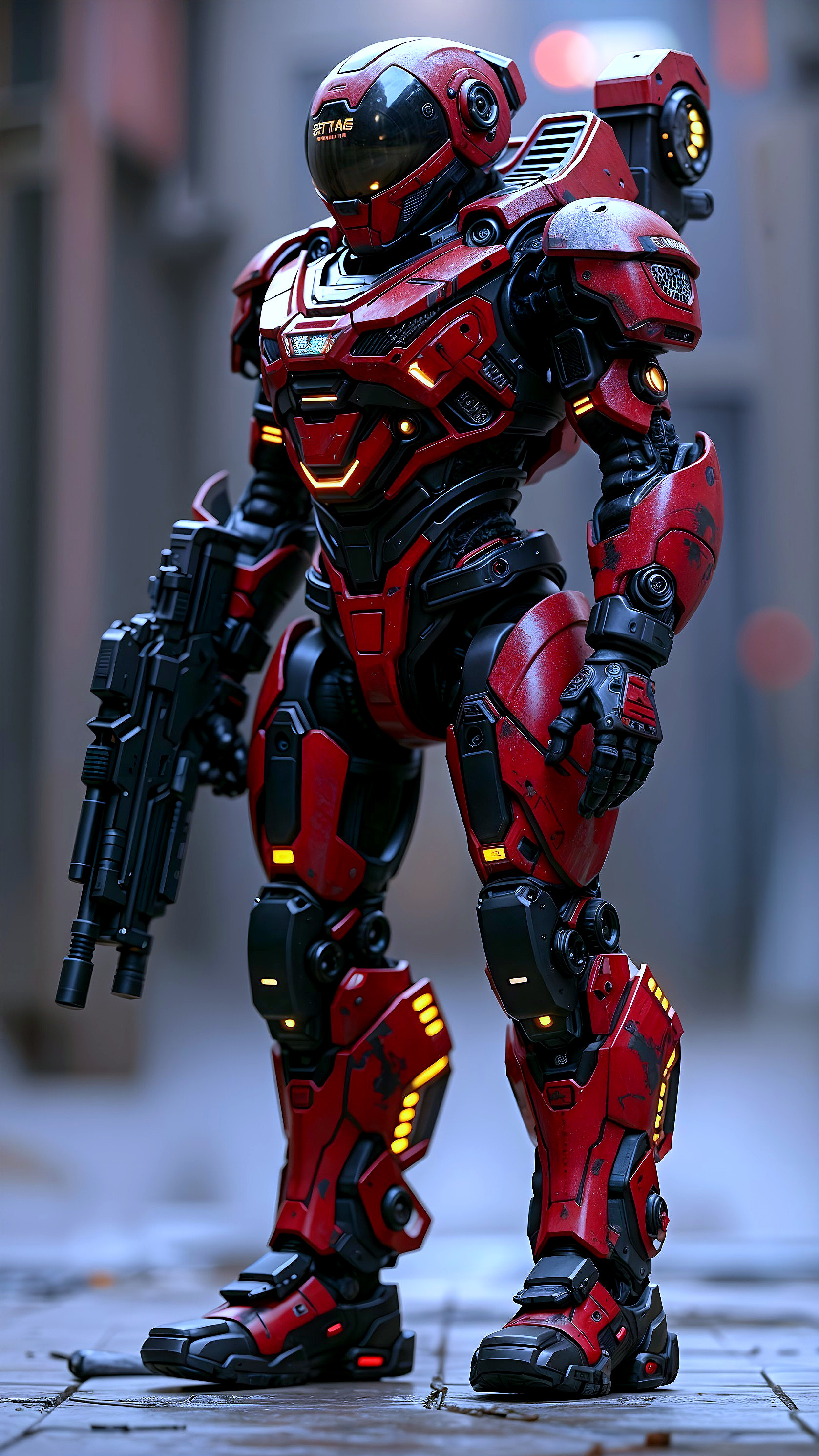 Futuristic Armored Robotic Suit in Red and Black