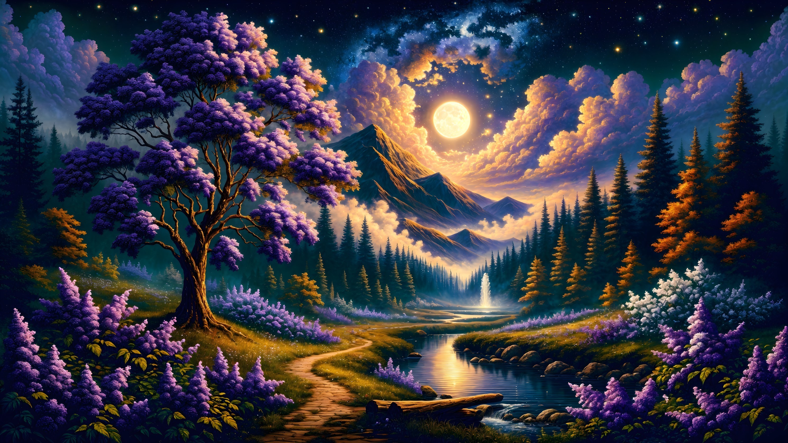 Tranquil River in Lush Forest with Vibrant Flora