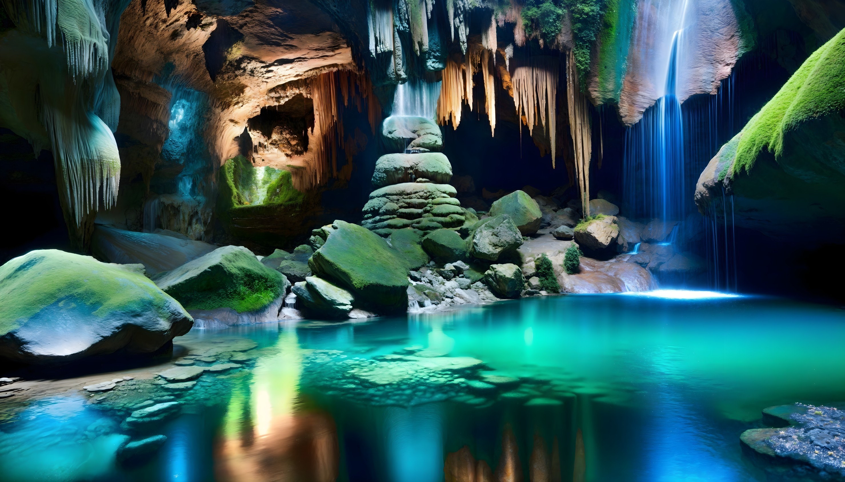 Serene Cave Interior with Waterfalls and Rock Formations