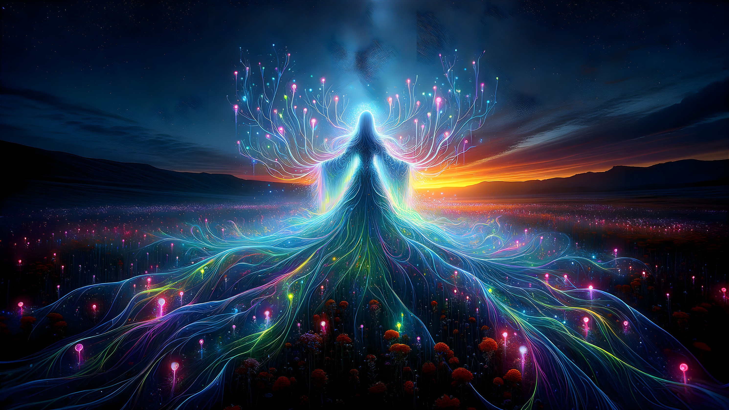 Luminous Figure in a Vibrant, Glowing Landscape