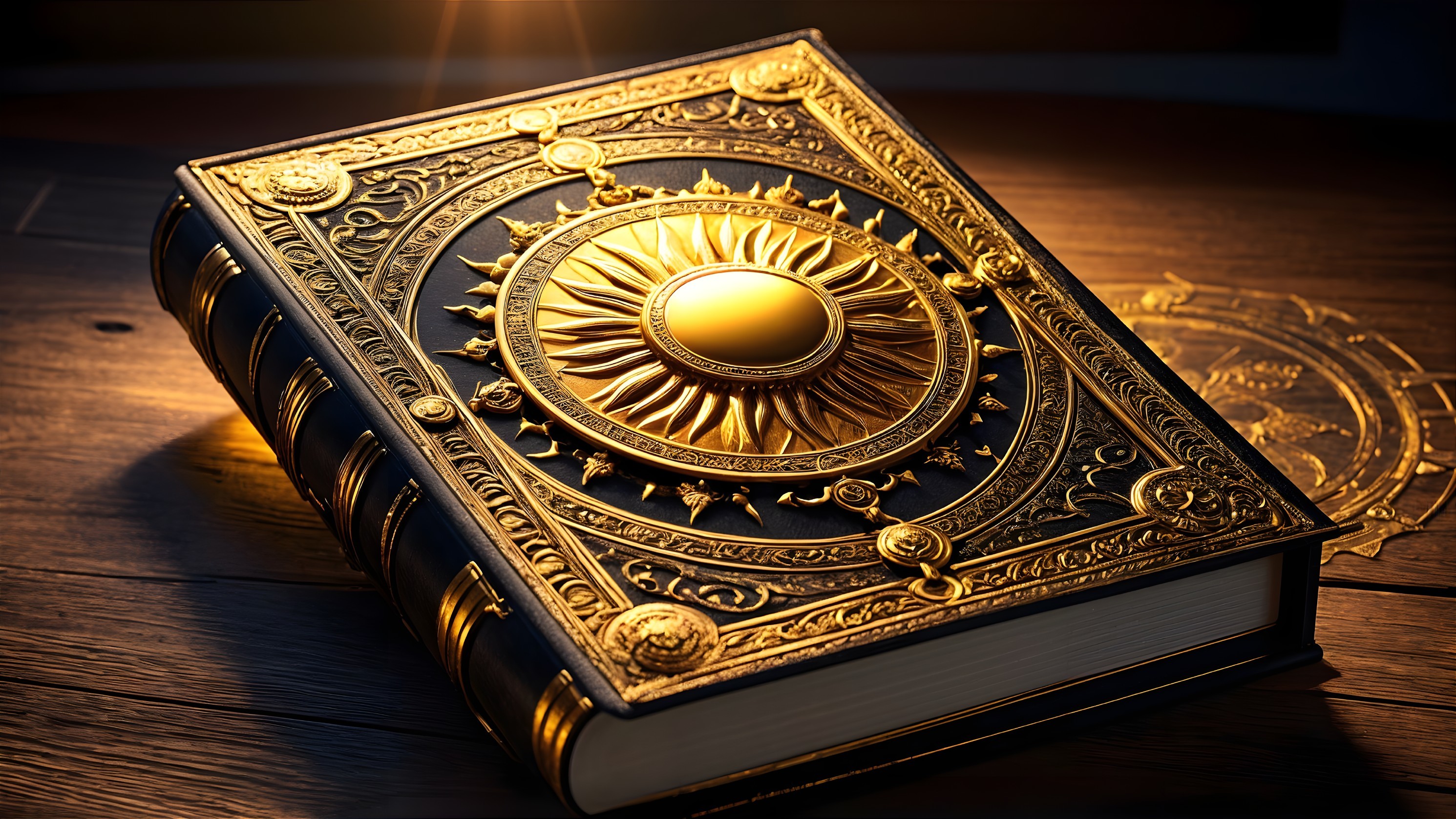 Ornate Closed Book with Sun Motif and Leather Binding