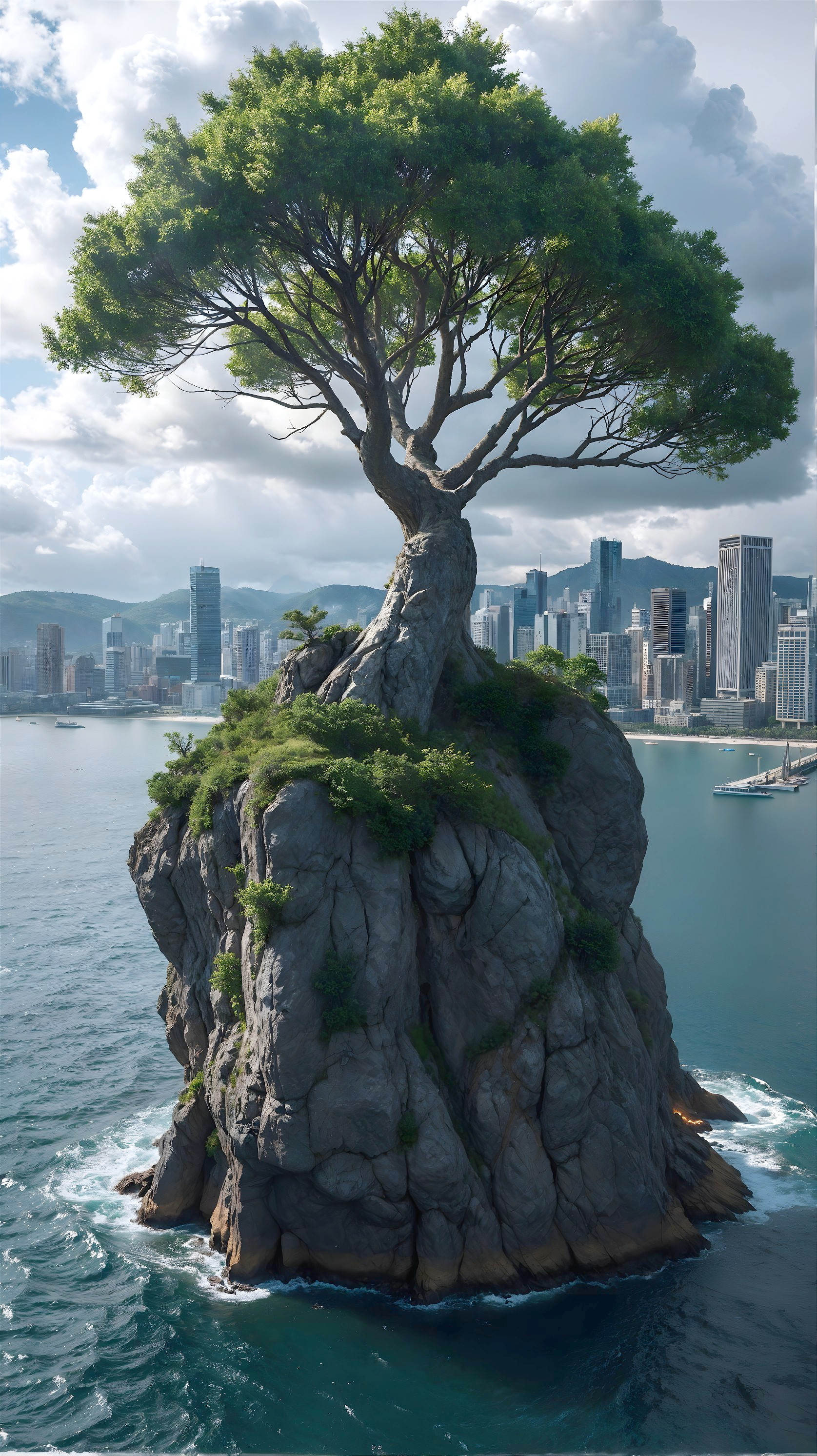 Solitary Tree on Rocky Outcrop with City Skyline