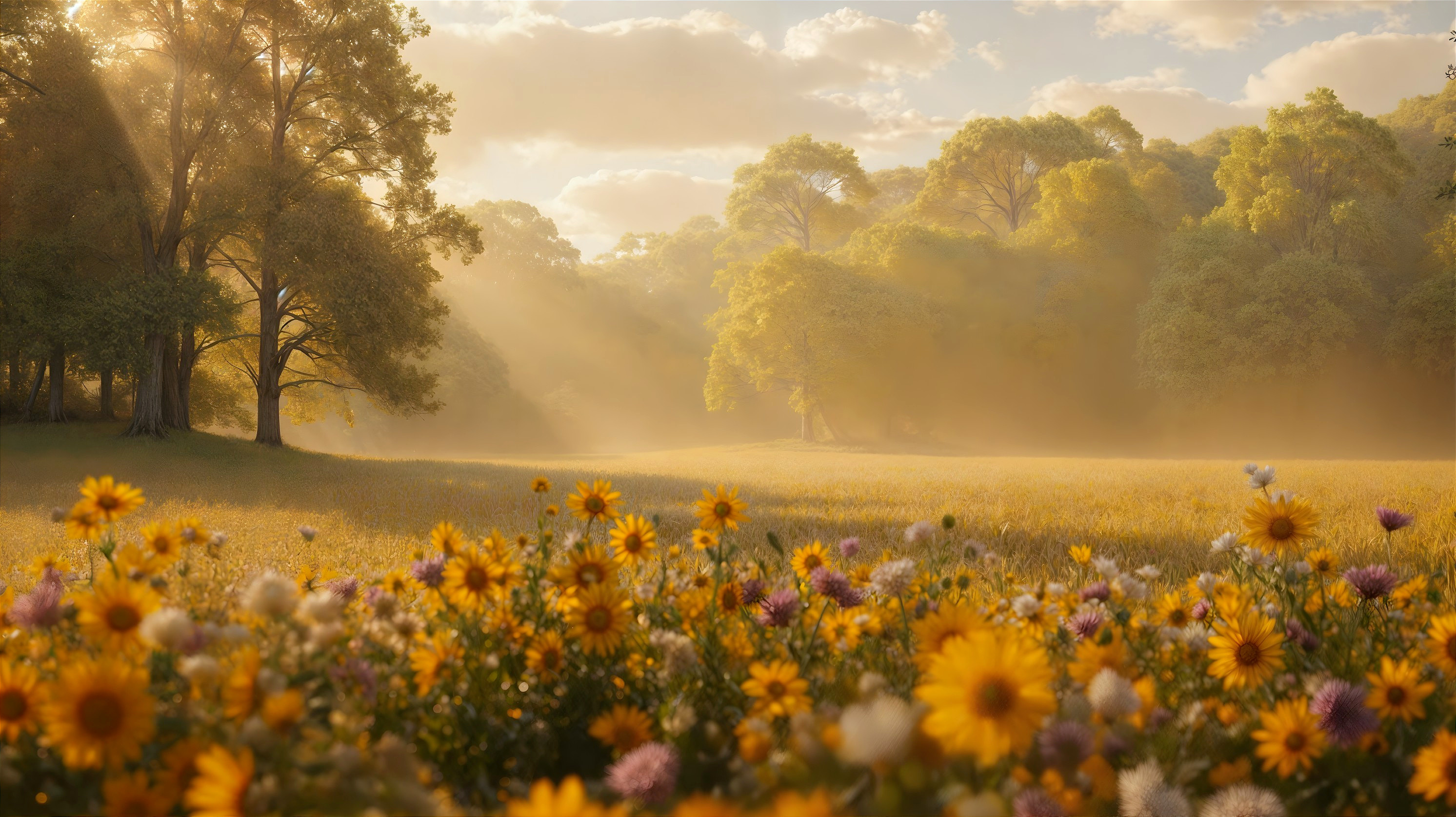 Serene Landscape with Wildflowers and Majestic Trees