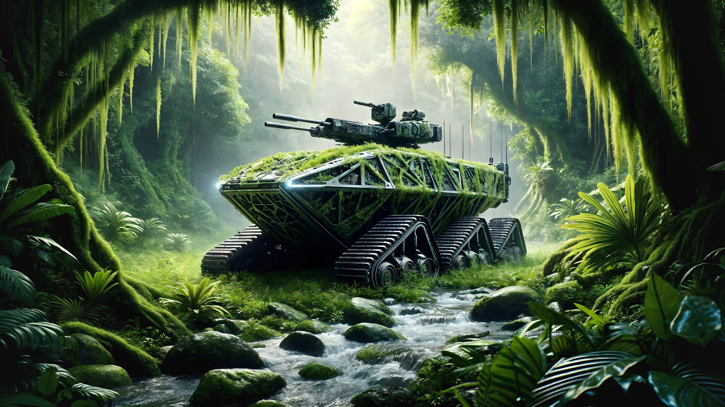 Futuristic Armored Vehicle in Dense Jungle Environment